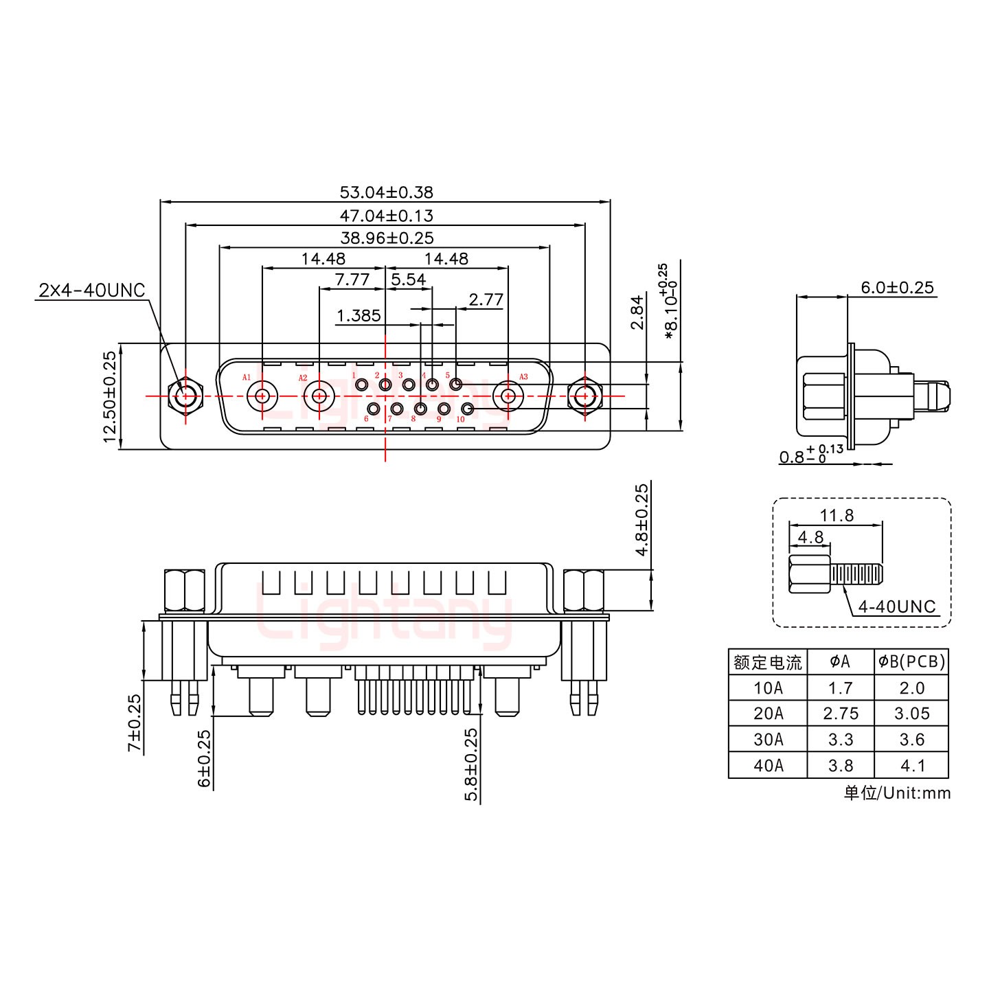 13W3公PCB直插板/鉚魚叉7.0/大電流10A