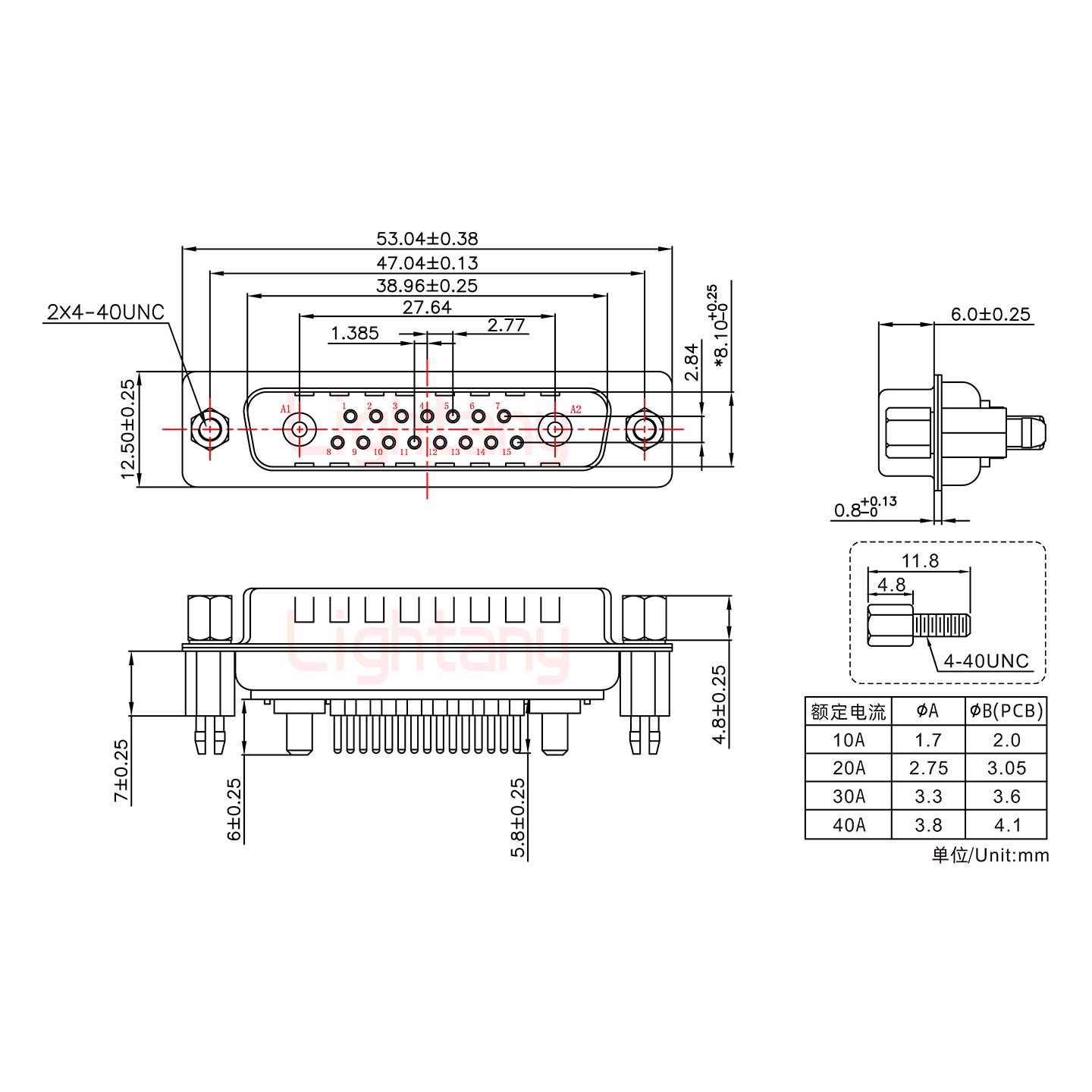 17W2公PCB直插板/鉚魚叉7.0/大電流20A