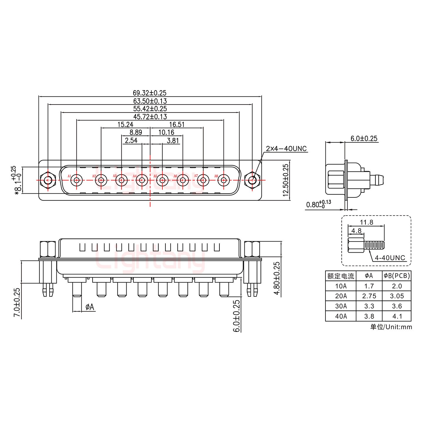 8W8公PCB直插板/鉚魚叉7.0/大電流20A