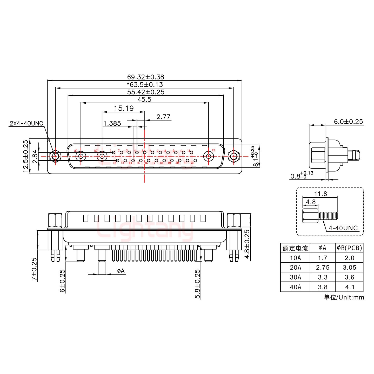 25W3公PCB直插板/鉚魚叉7.0/大電流10A