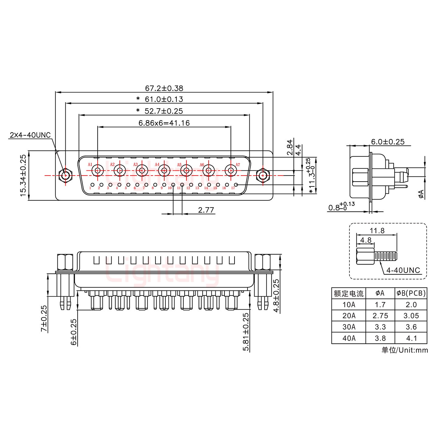 24W7公PCB直插板/鉚魚叉7.0/大電流10A