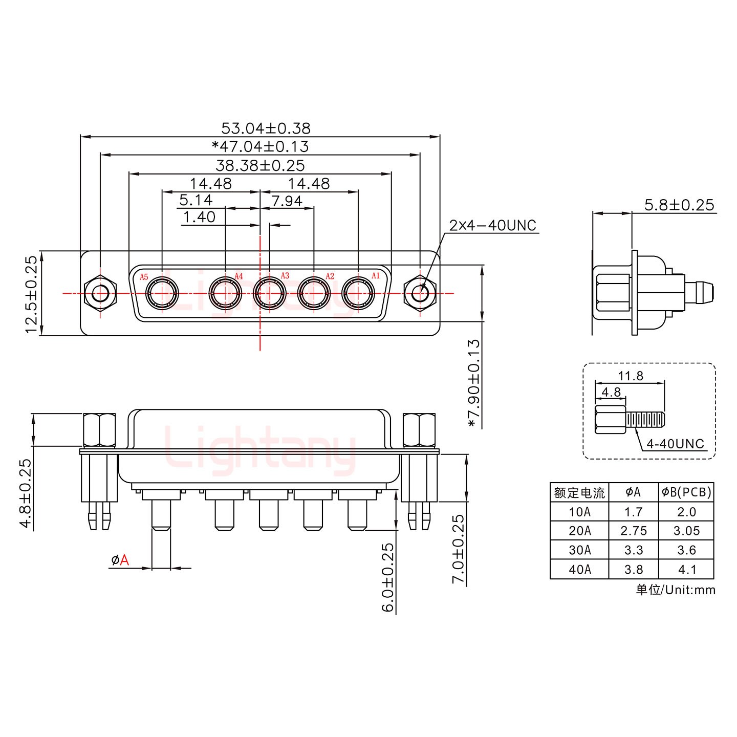 5W5母PCB直插板/鉚魚(yú)叉7.0/大電流10A