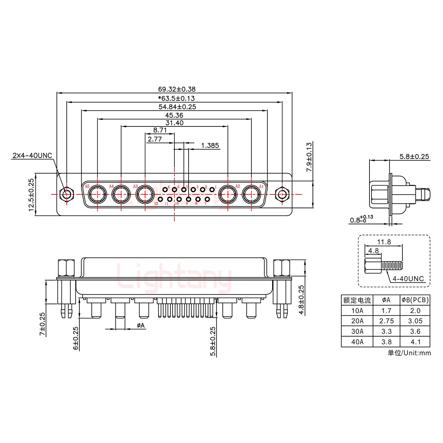 17W5母PCB直插板/鉚魚叉7.0/大電流10A