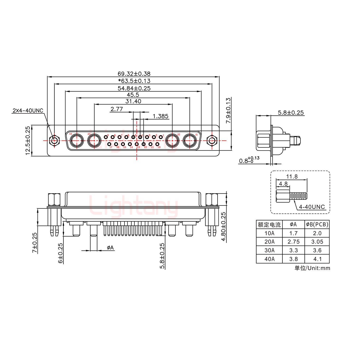 21W4母PCB直插板/鉚魚叉7.0/大電流10A