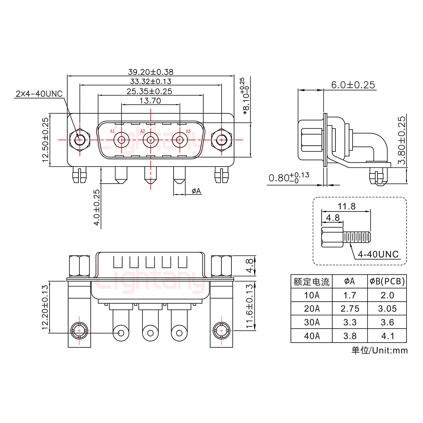 3W3公PCB彎插板/鉚支架11.6/大電流10A