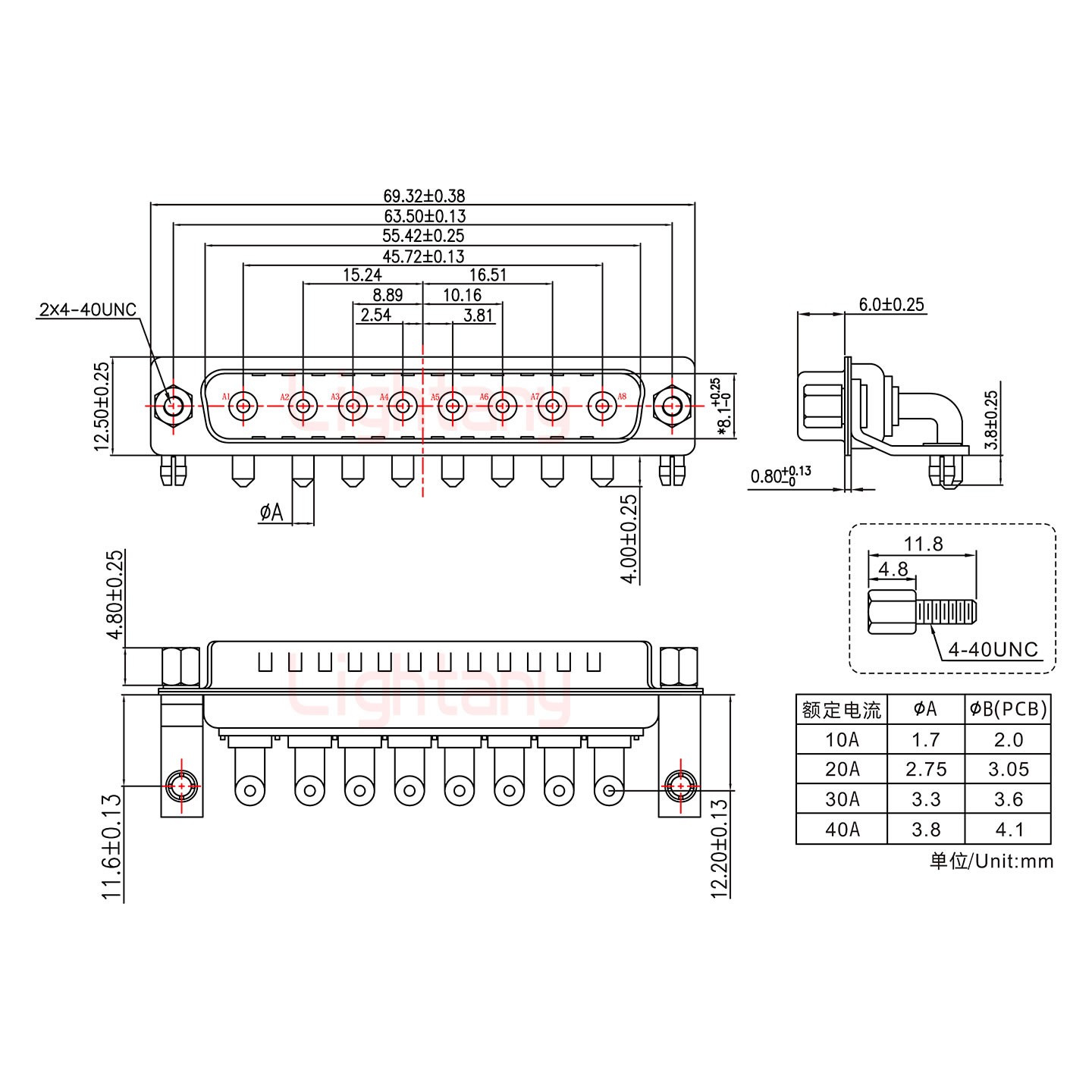 8W8公PCB彎插板/鉚支架11.6/大電流10A