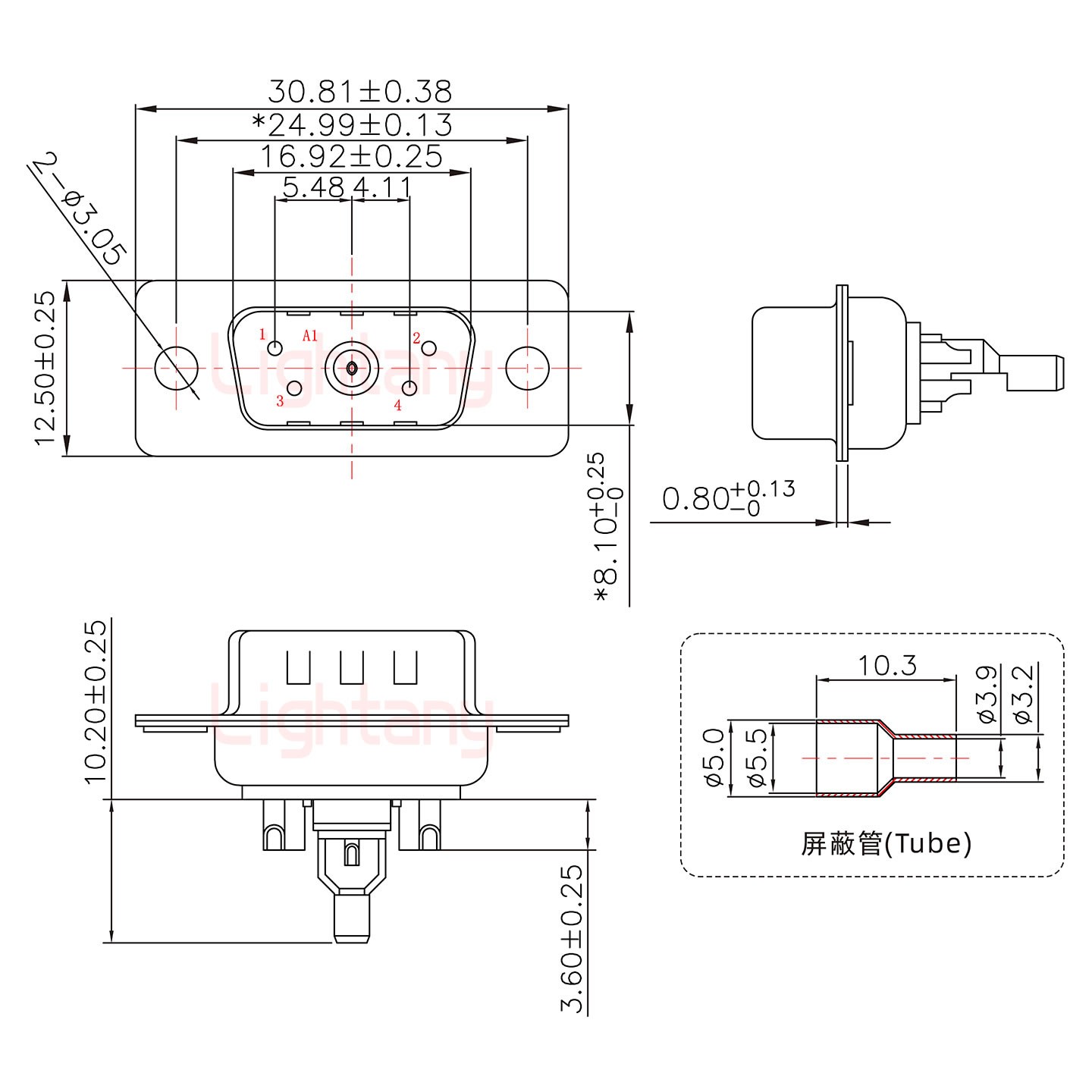 5W1公焊線式75歐姆+9P金屬外殼1392斜出線4~12mm