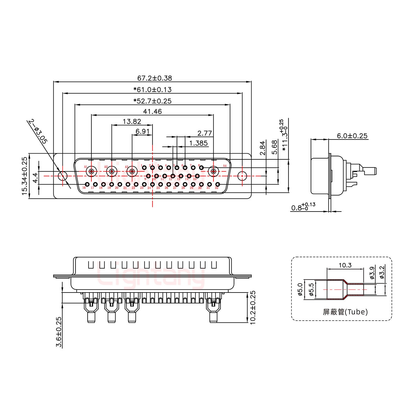 36W4公焊線式75歐姆+50P金屬外殼1745彎出線4~12mm