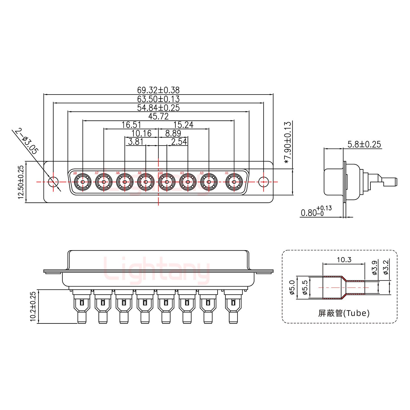 8W8母焊線式50歐姆+37P金屬外殼2185直出線4~12mm