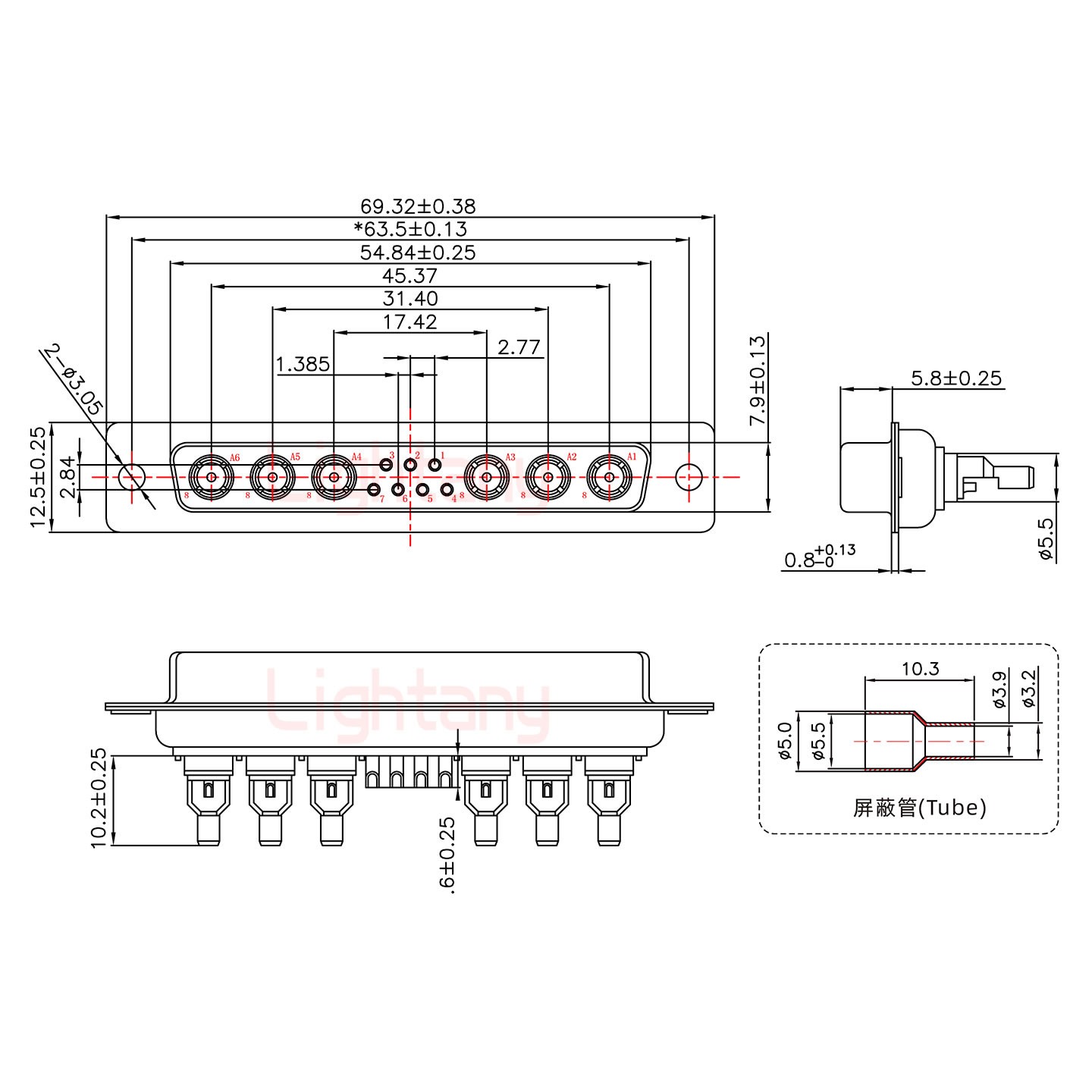 13W6A母焊線式50歐姆+37P金屬外殼951彎出線4~12mm