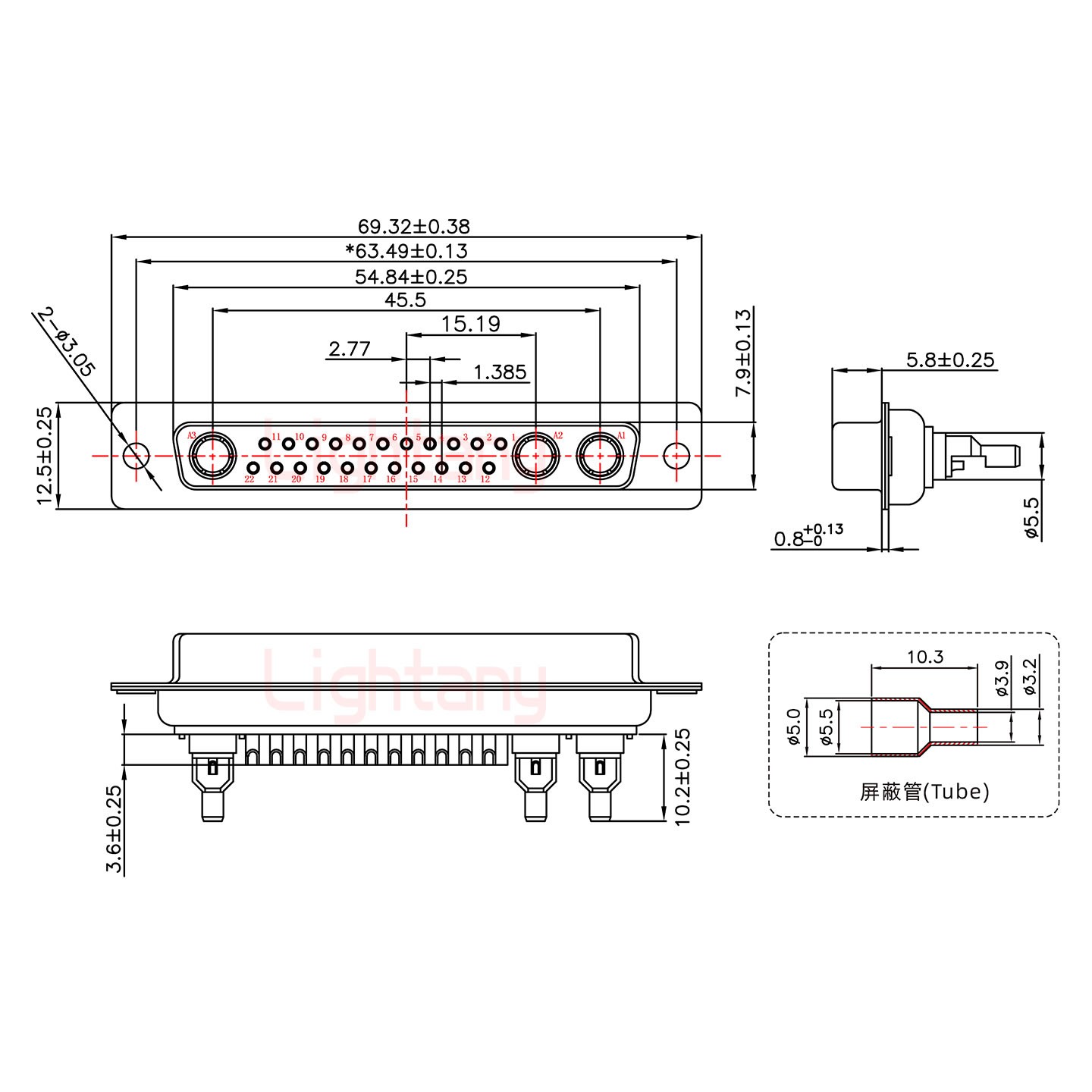 25W3母焊線式75歐姆+37P金屬外殼2185直出線4~12mm