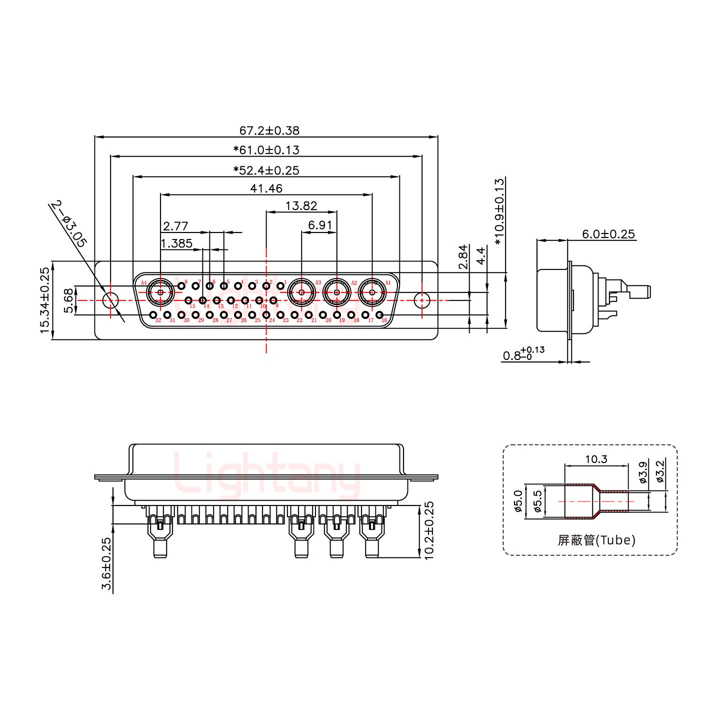 36W4母焊線式50歐姆+50P金屬外殼1746斜出線4~12mm