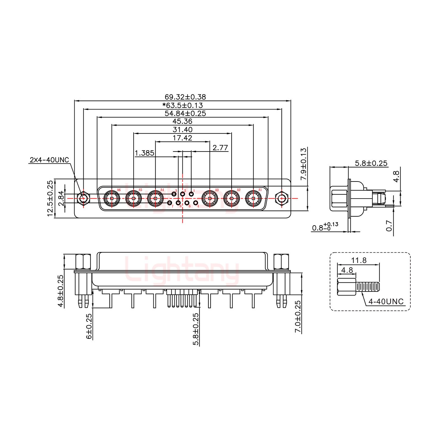 13W6A母PCB直插板/鉚魚叉7.0/射頻同軸50歐姆