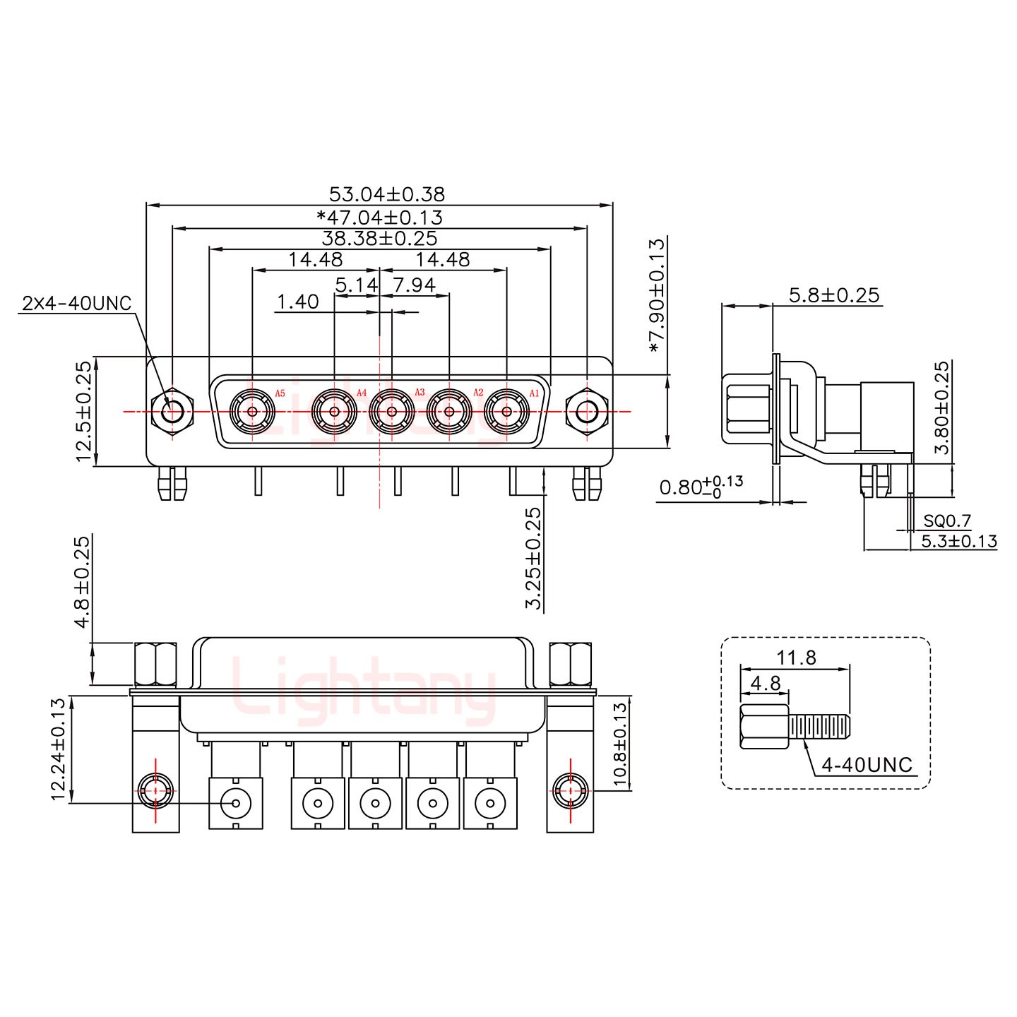 5W5母PCB彎插板/鉚支架10.8/射頻同軸50歐姆