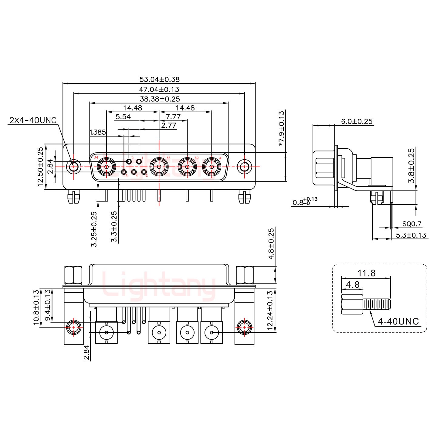 9W4母PCB彎插板/鉚支架10.8/射頻同軸50歐姆