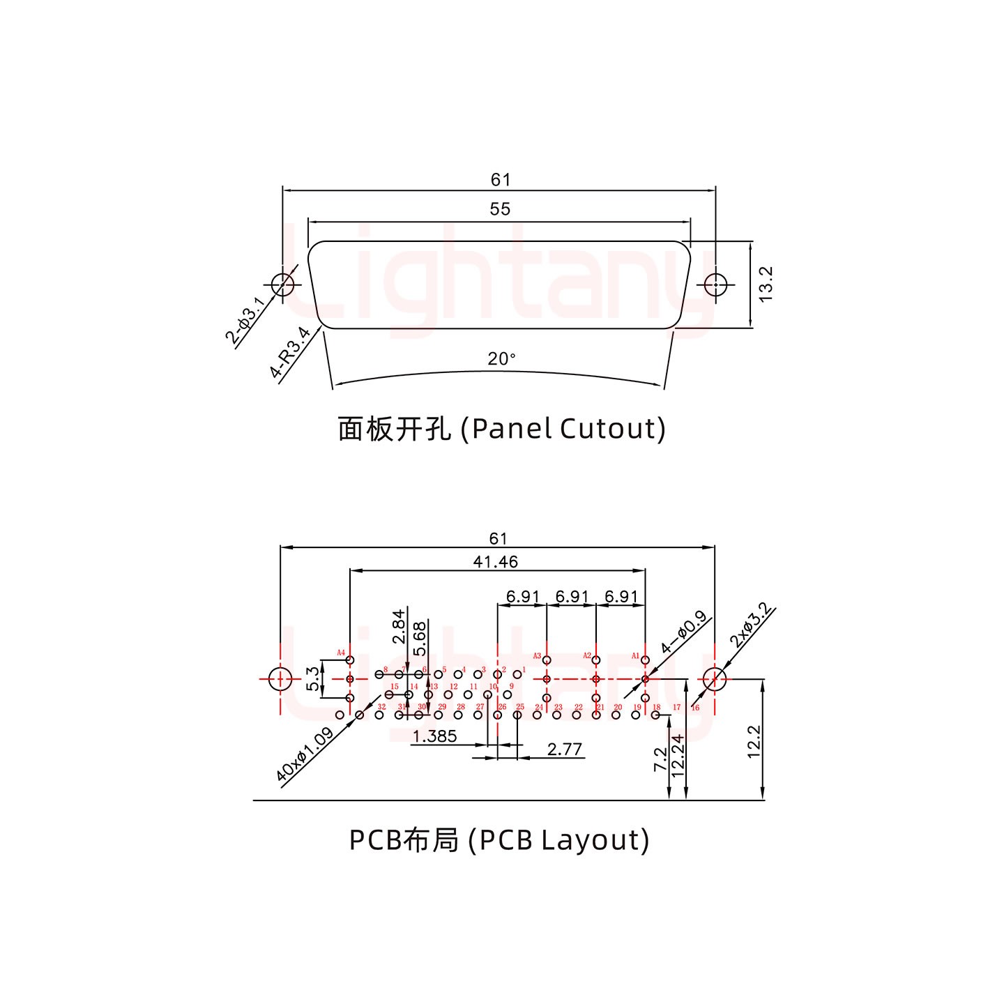 36W4母PCB彎插板/鉚支架12.2/射頻同軸75歐姆