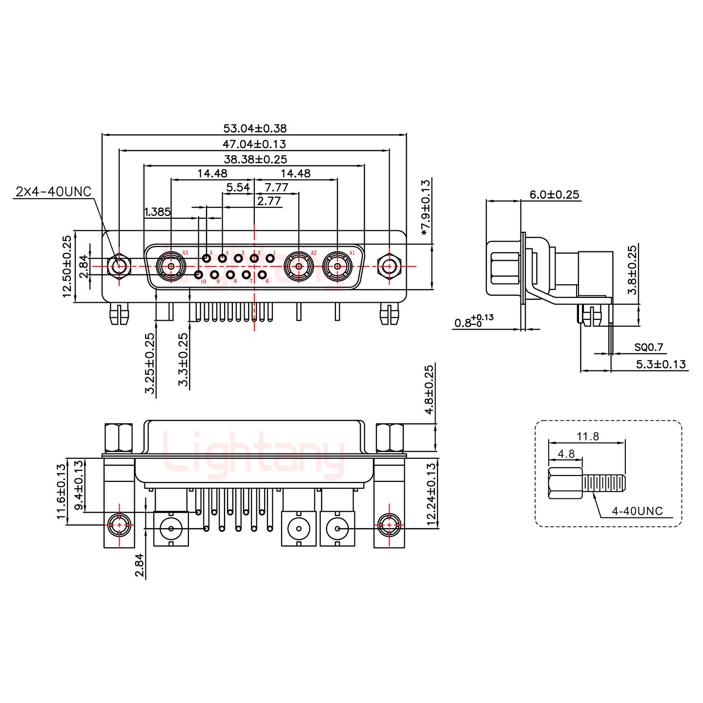 13W3母PCB彎插板/鉚支架11.6/射頻同軸75歐姆