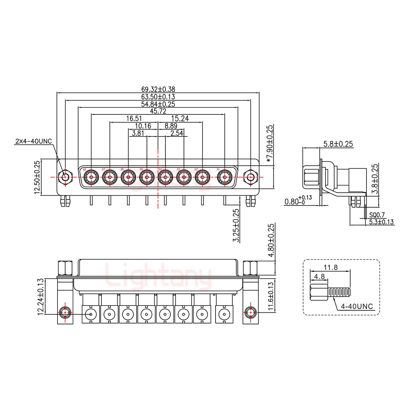 8W8母PCB彎插板/鉚支架11.6/射頻同軸75歐姆