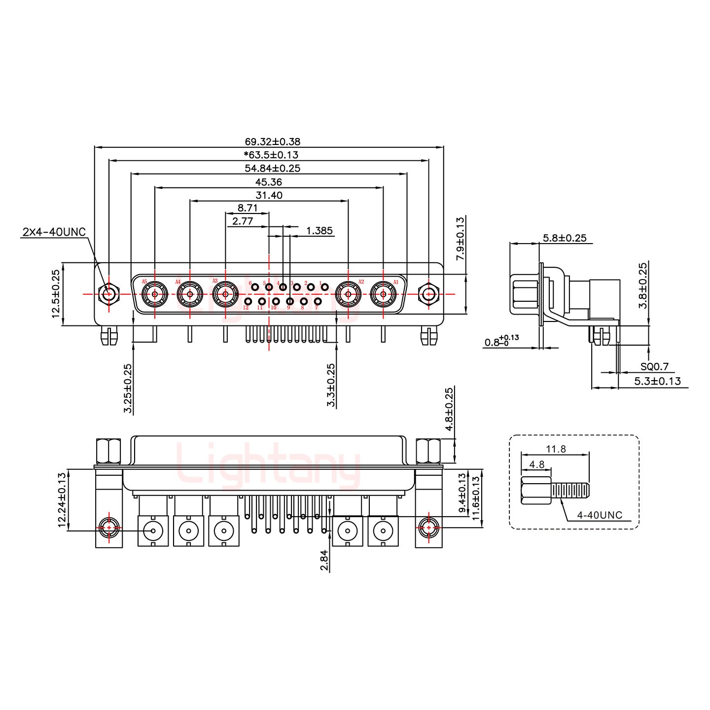 17W5母PCB彎插板/鉚支架11.6/射頻同軸50歐姆