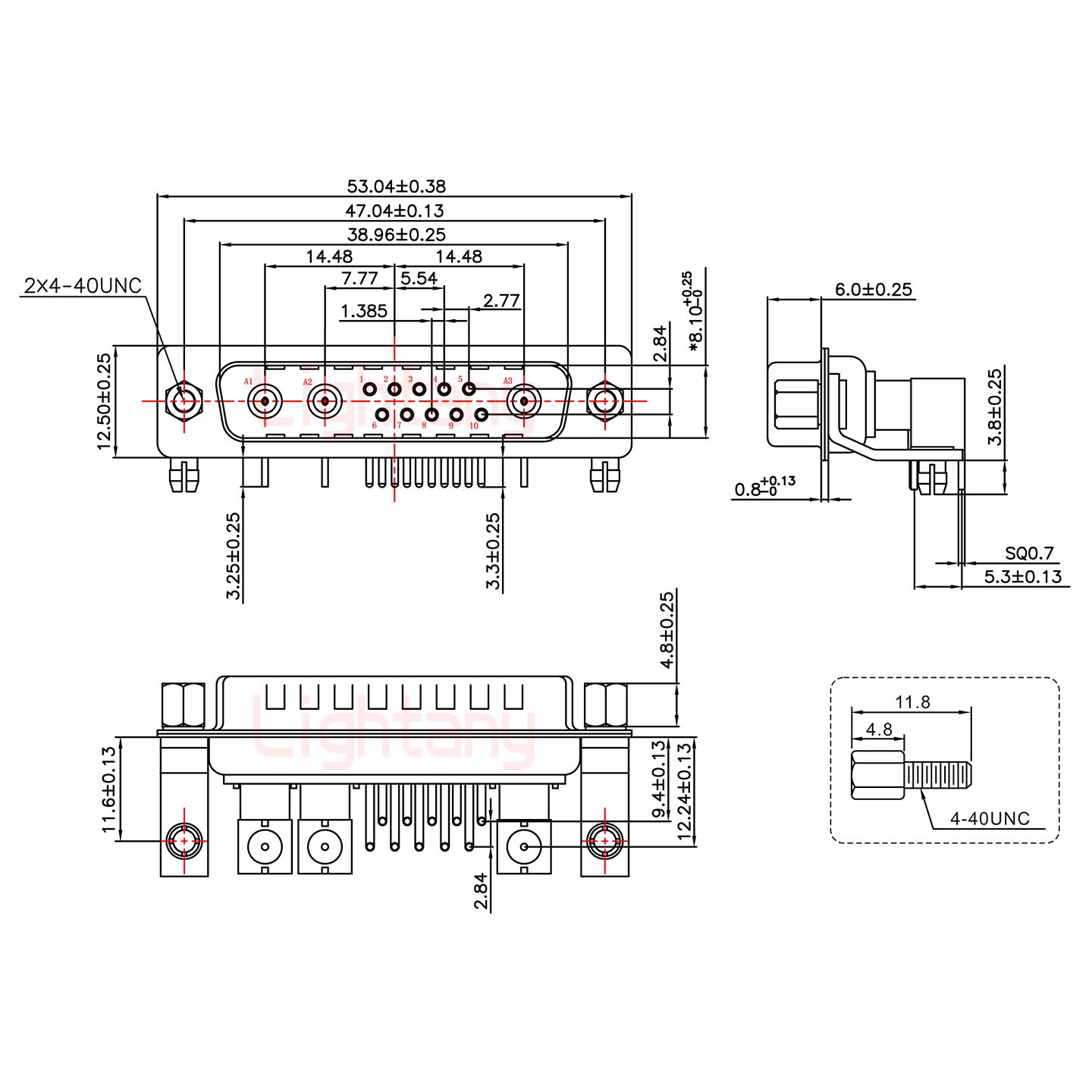 13W3公PCB彎插板/鉚支架11.6/射頻同軸50歐姆