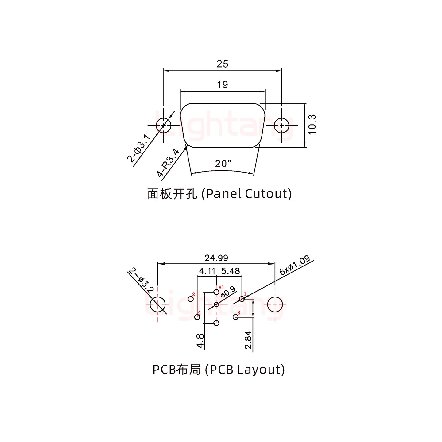 5W1母PCB直插板/鉚魚叉7.0/射頻同軸50歐姆