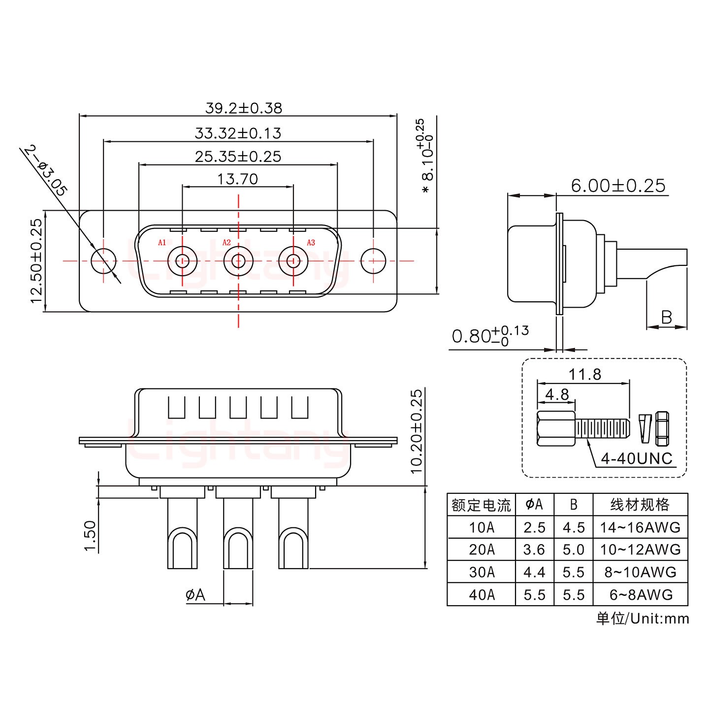 3W3公長體焊線/配螺絲螺母/大電流10A