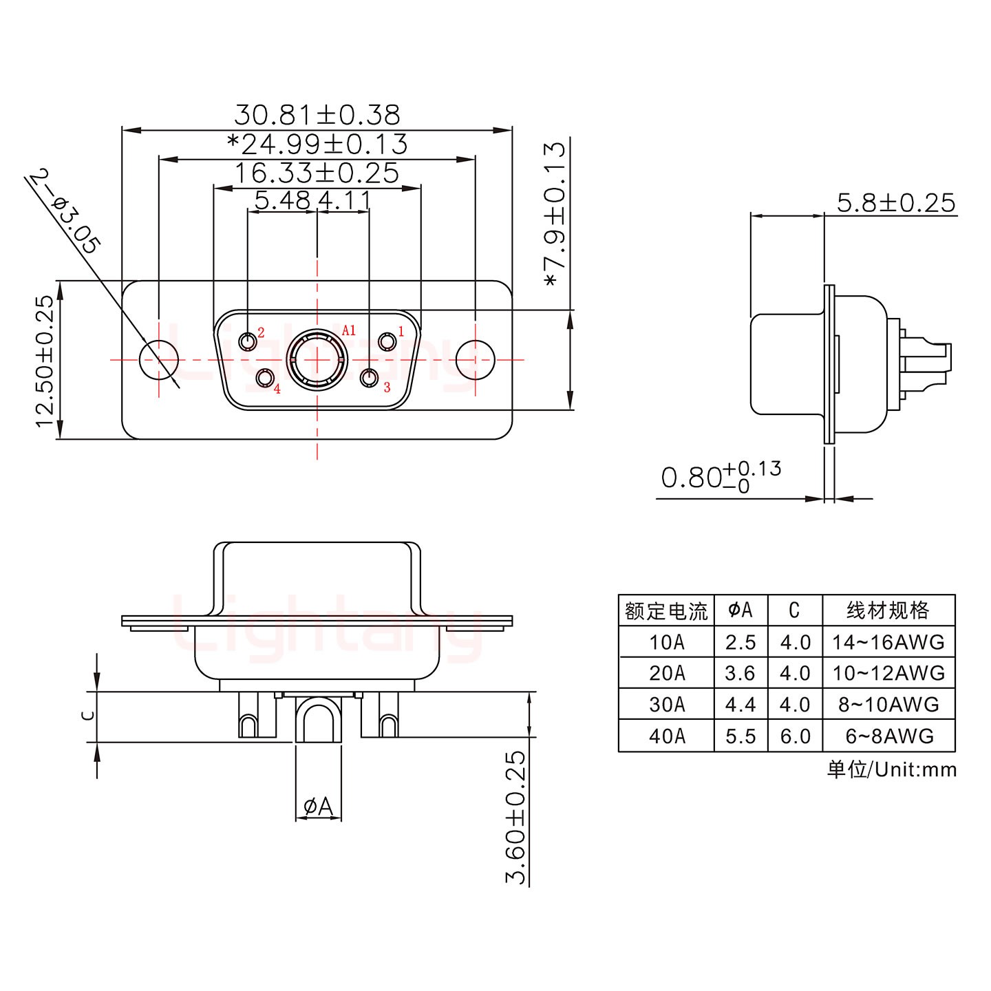 5W1母短體焊線/光孔/大電流10A