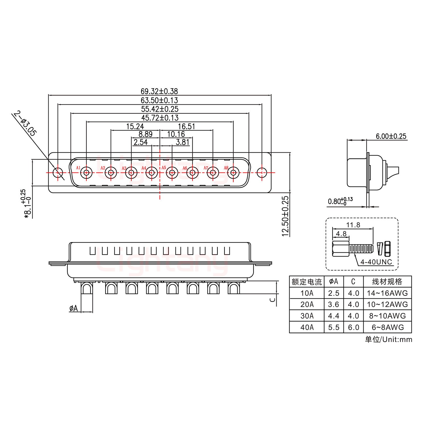 8W8公短體焊線/配螺絲螺母/大電流10A