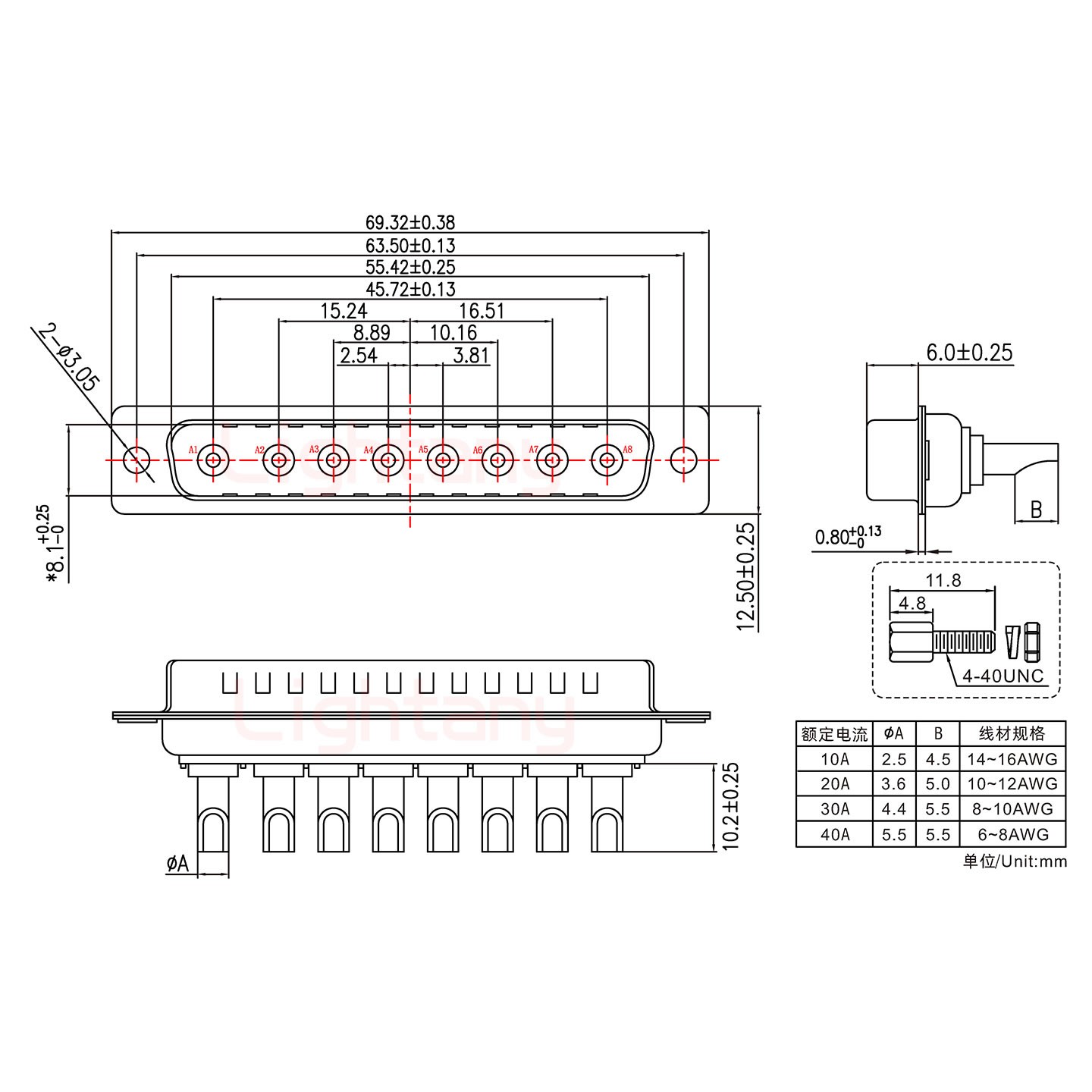 8W8公長體焊線/配螺絲螺母/大電流40A