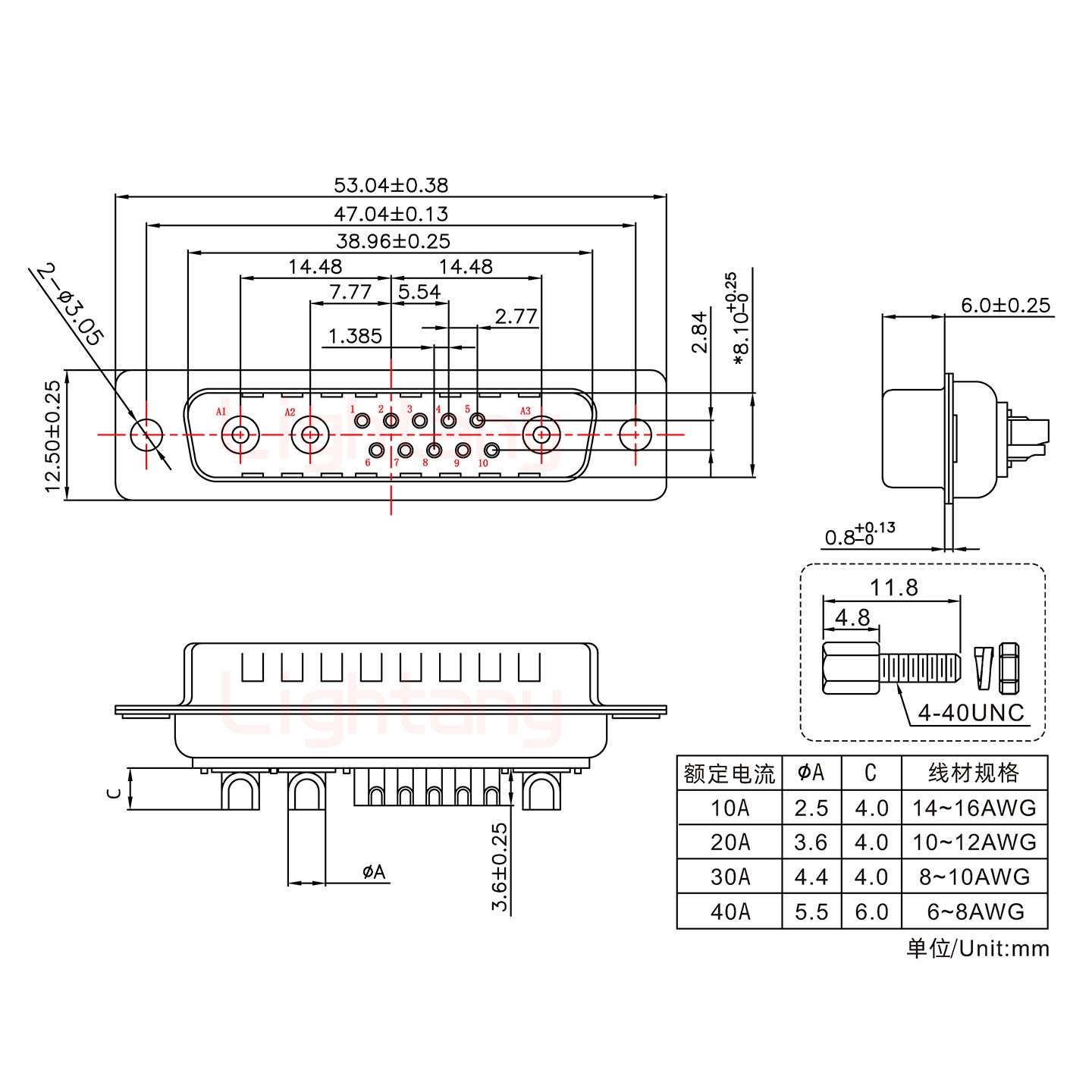 13W3公短體焊線/配螺絲螺母/大電流10A