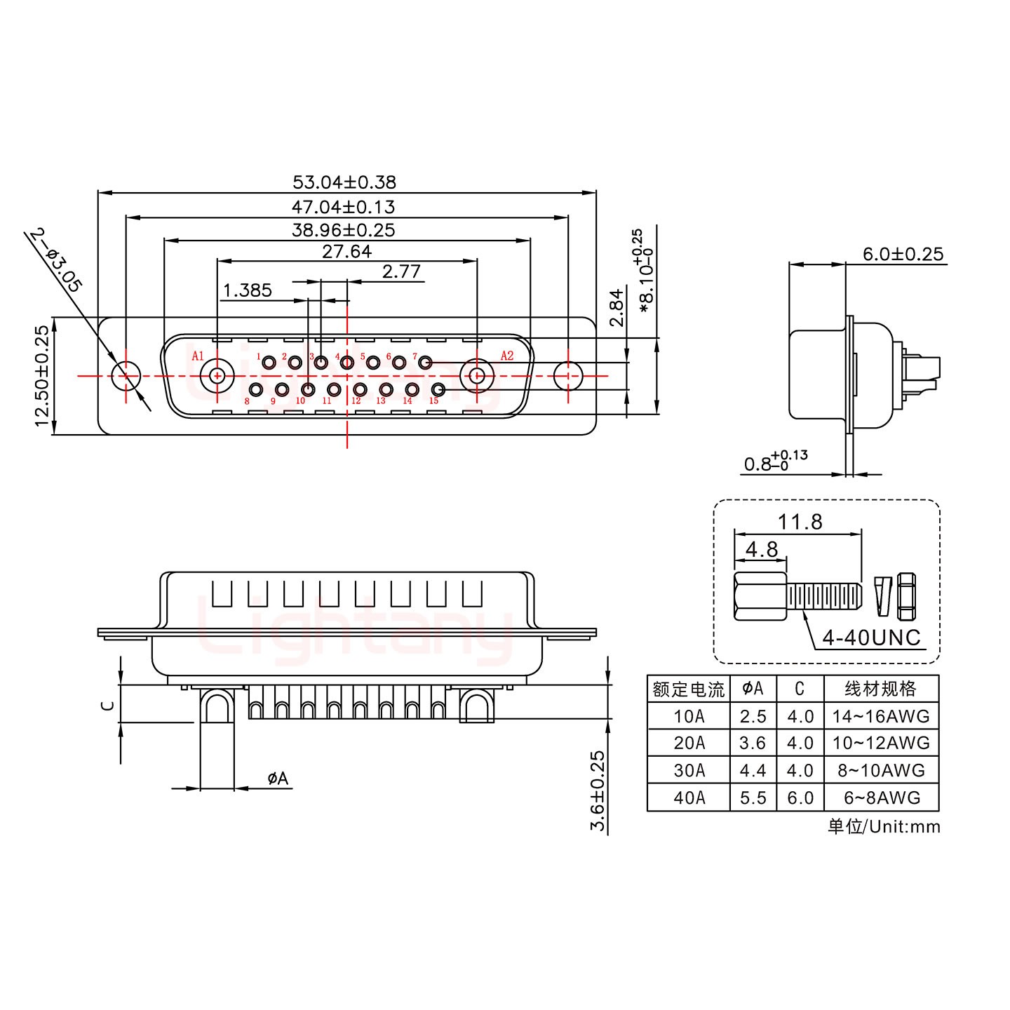 17W2公短體焊線/配螺絲螺母/大電流40A