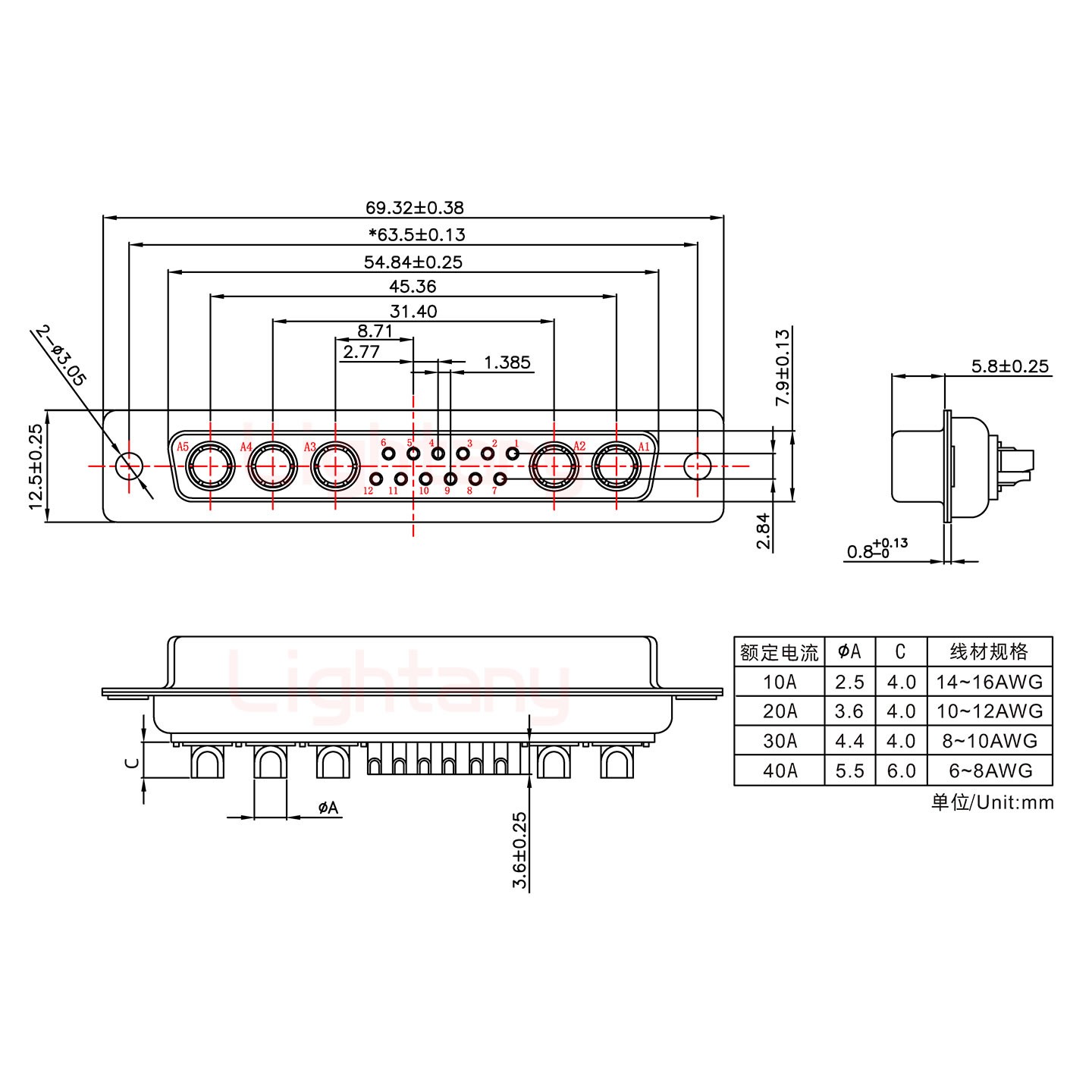 17W5母短體焊線/光孔/大電流30A