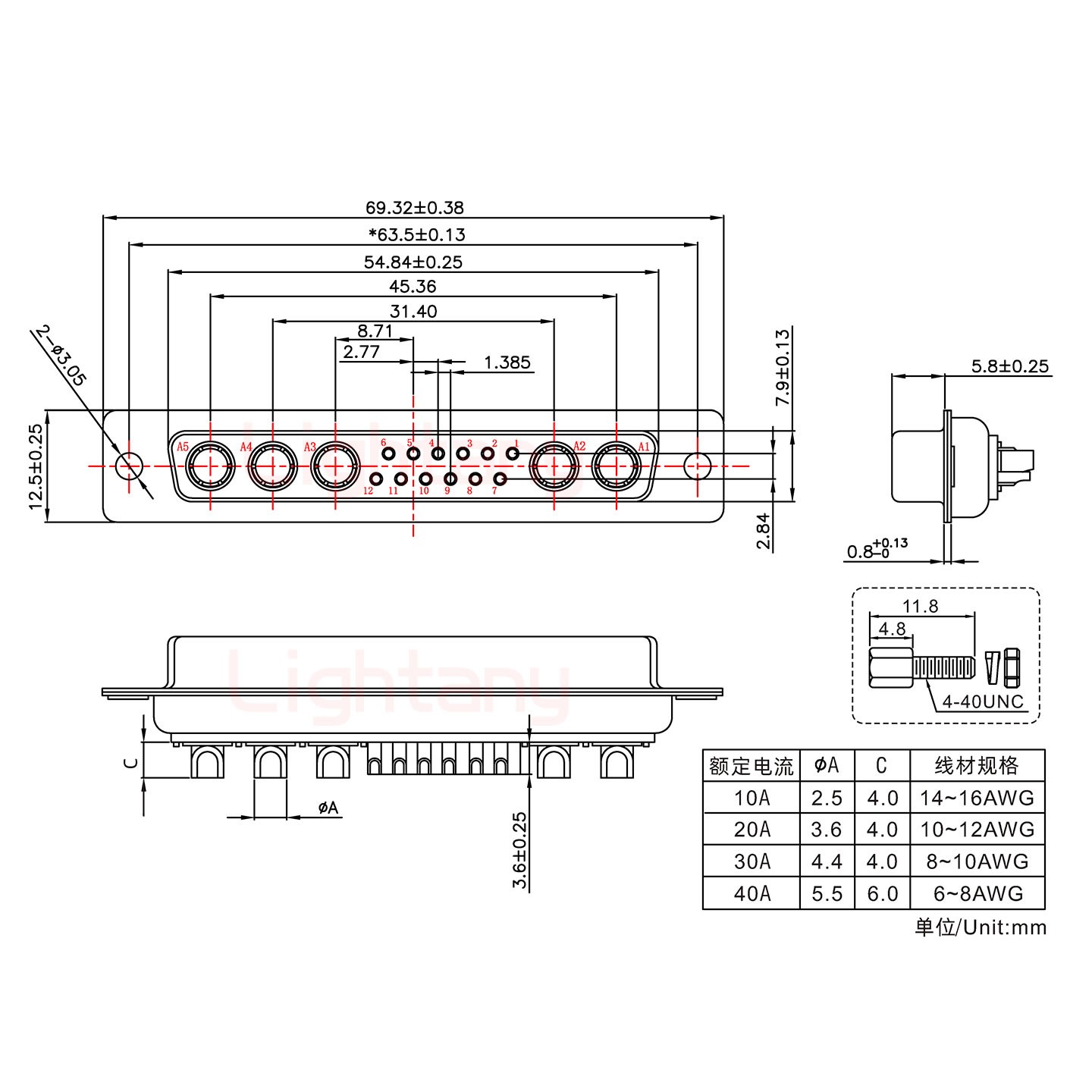 17W5母短體焊線/配螺絲螺母/大電流10A