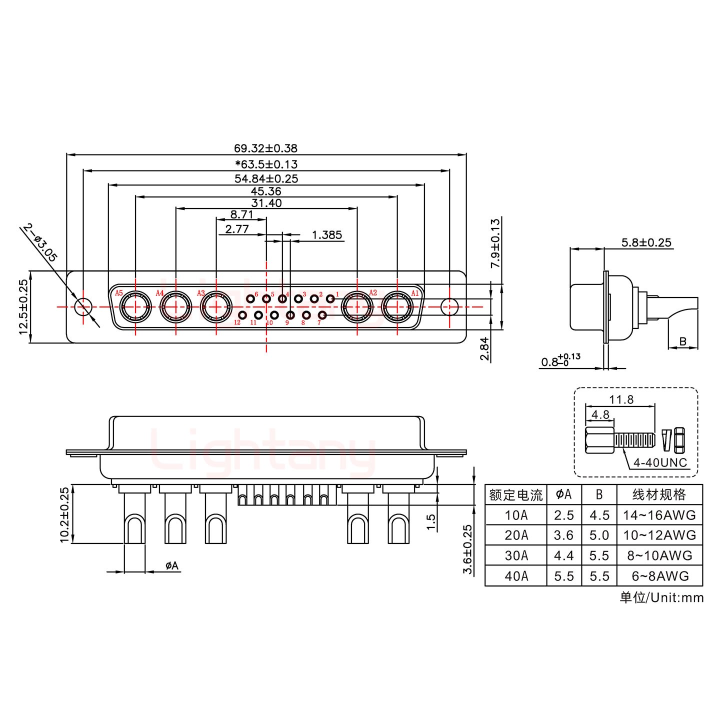 17W5母長體焊線/配螺絲螺母/大電流40A