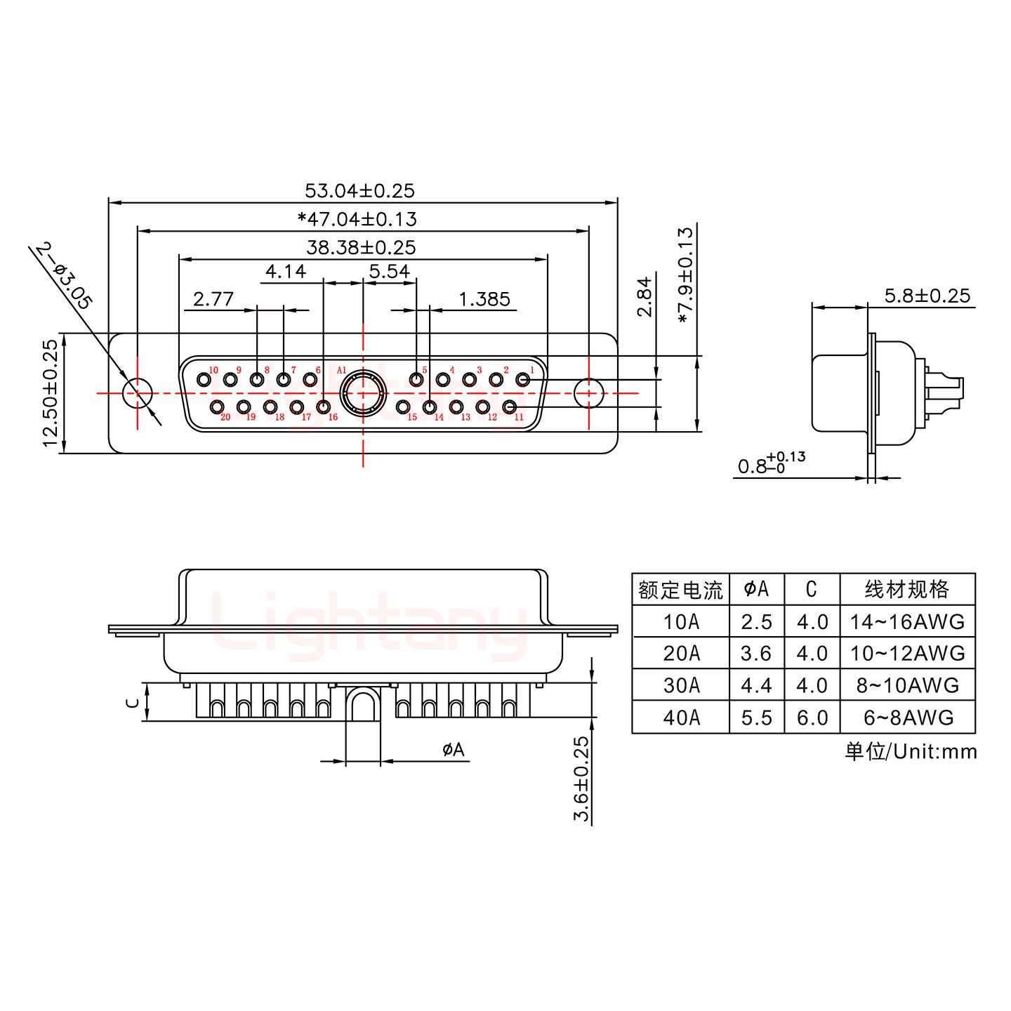 21W1母短體焊線/光孔/大電流10A