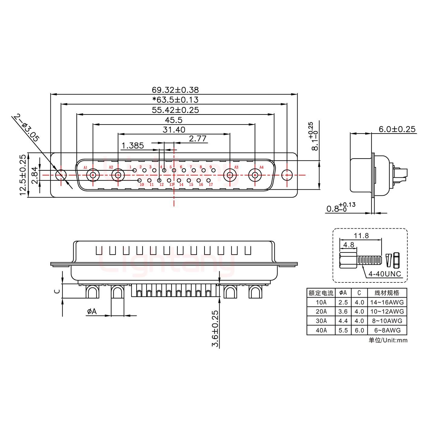 21W4公短體焊線/配螺絲螺母/大電流30A