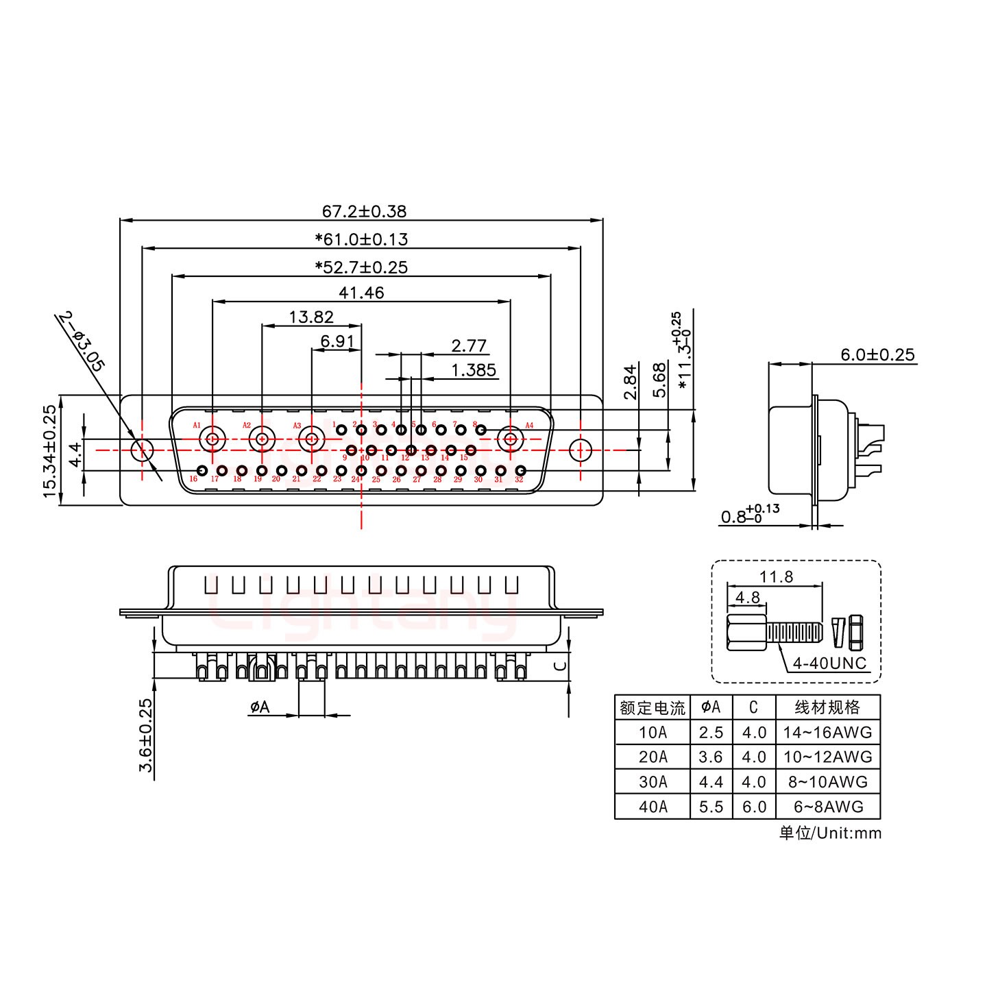 36W4公短體焊線/配螺絲螺母/大電流10A