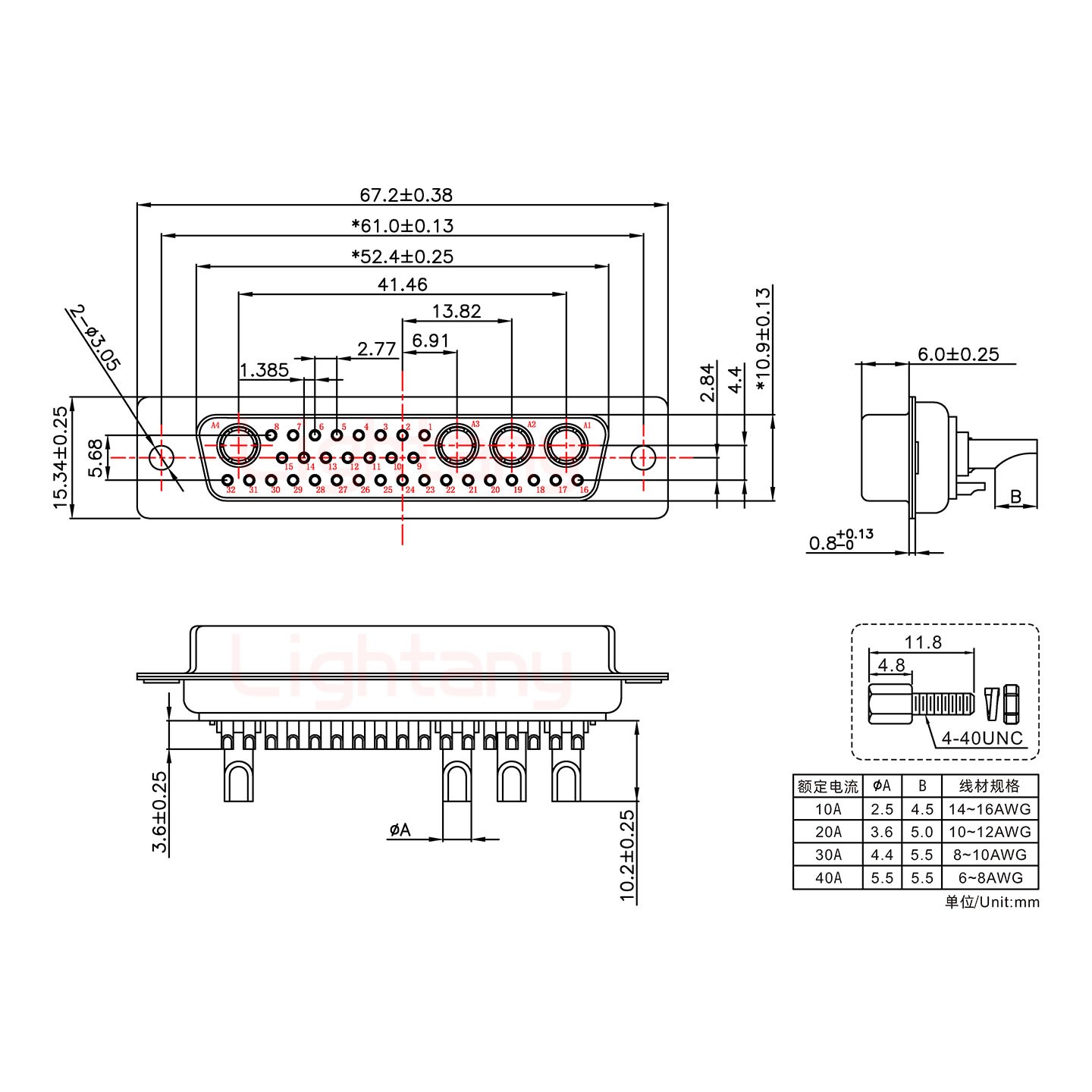 36W4母長體焊線/配螺絲螺母/大電流40A