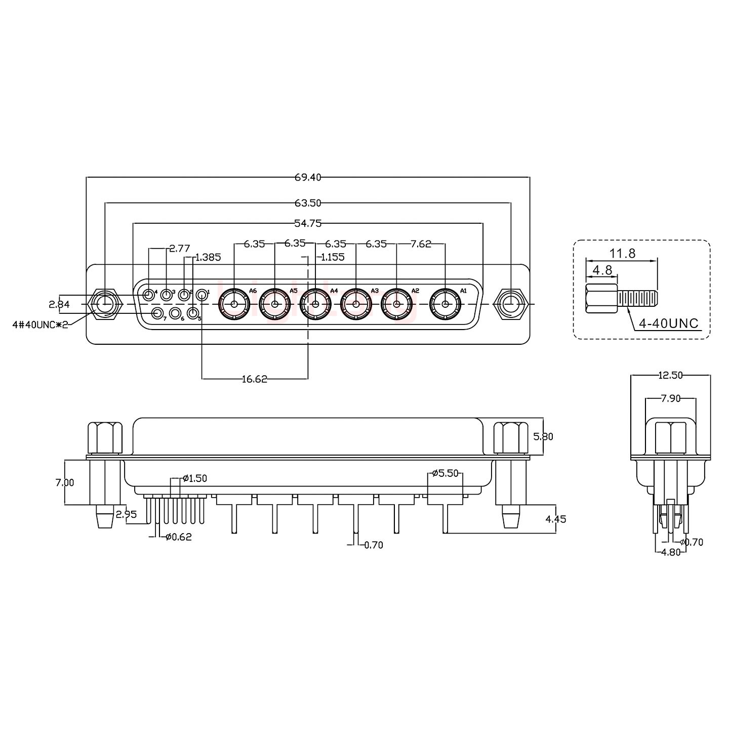 13W6B母PCB直插板/鉚魚叉7.0/射頻同軸75歐姆