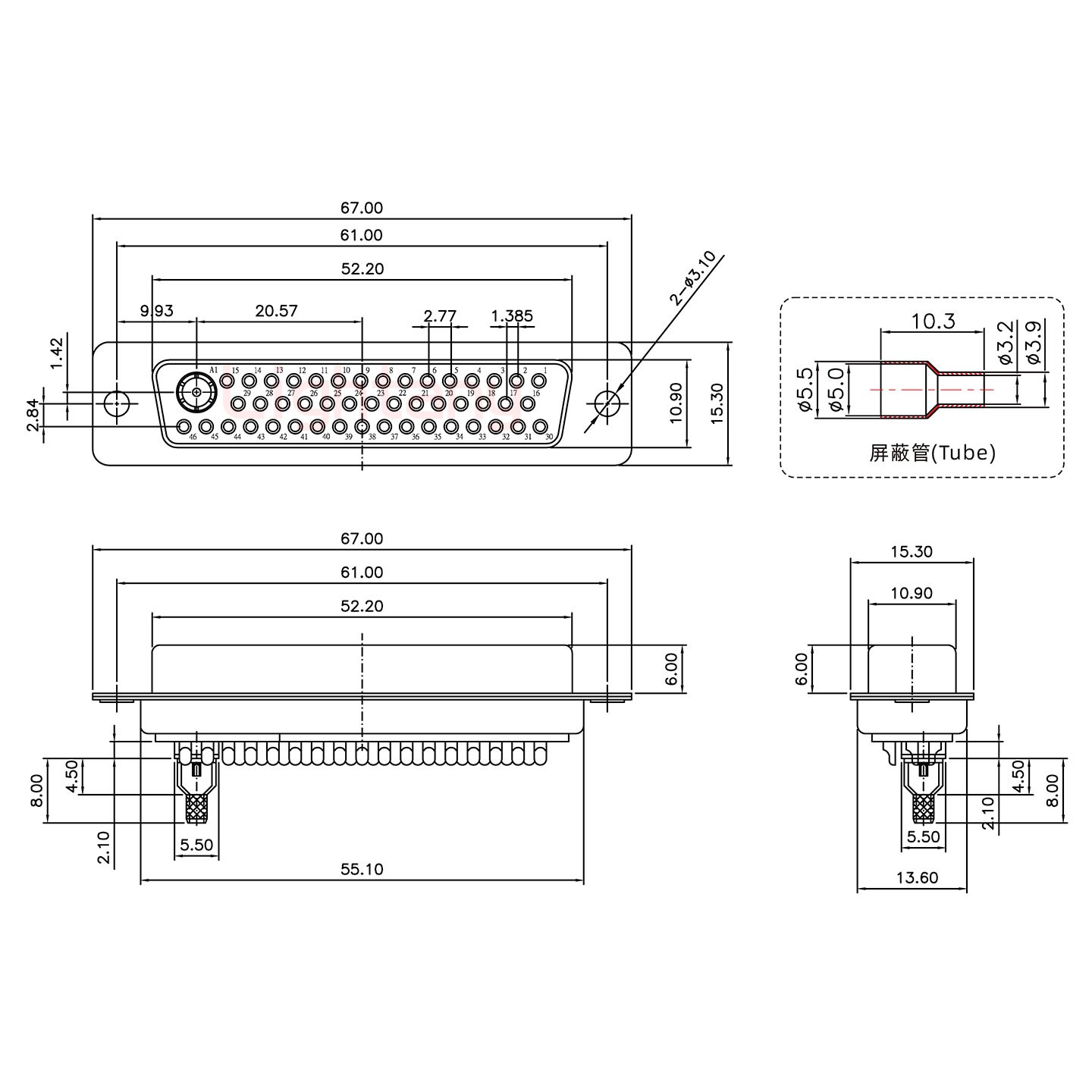 43W2母焊線式50歐姆+50P金屬外殼1746斜出線4~12mm