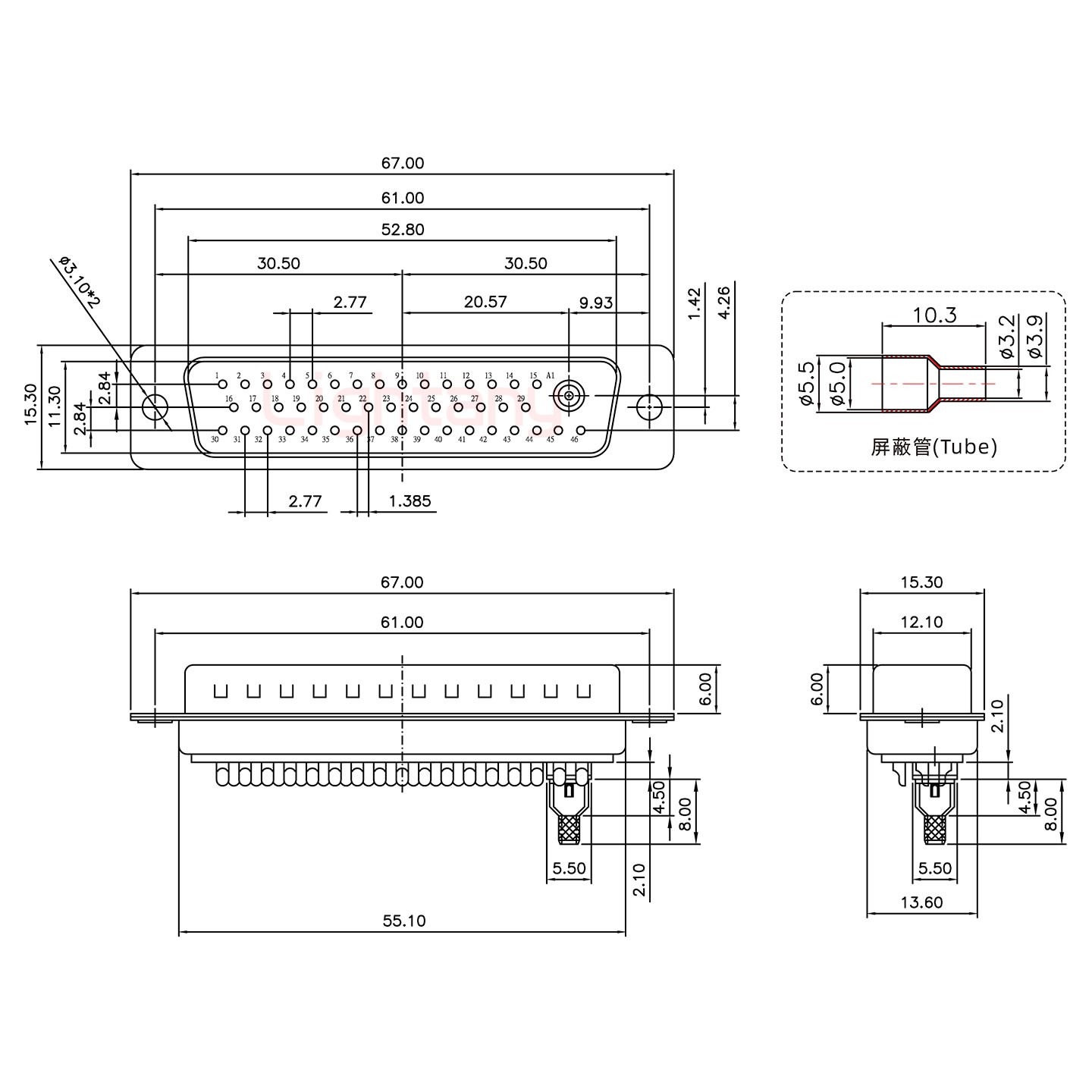 47W1公焊線式75歐姆+50P金屬外殼1745彎出線4~12mm