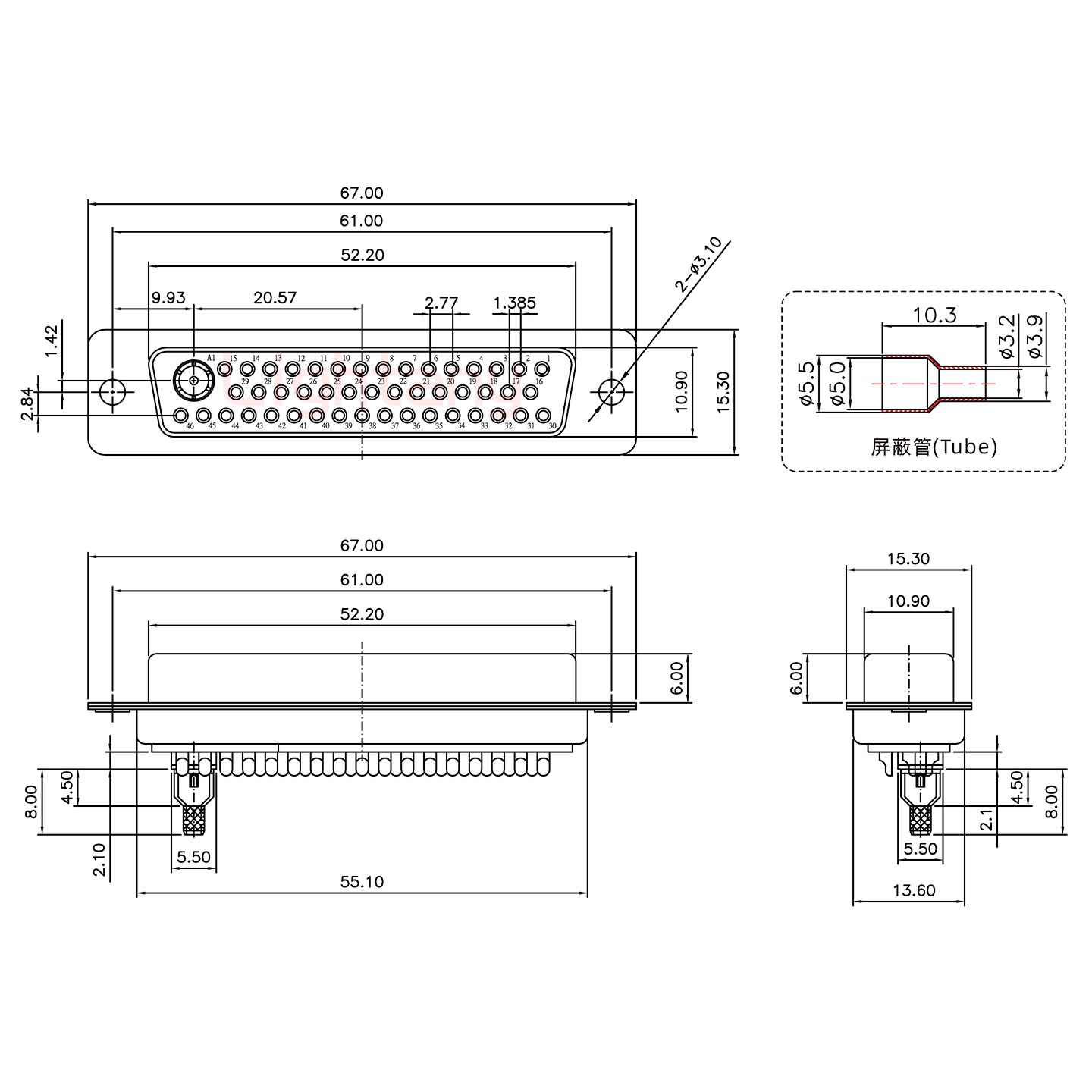 47W1母焊線式75歐姆+50P金屬外殼1746斜出線4~12mm