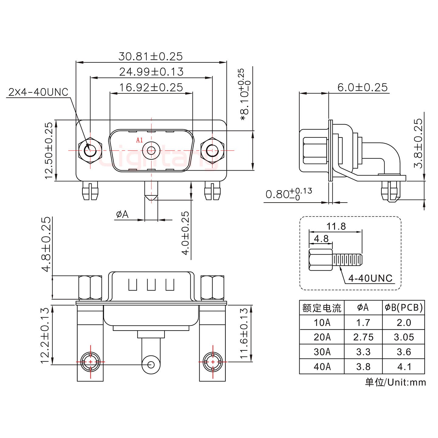 1W1公PCB彎插板/鉚支架10.8/大電流40A