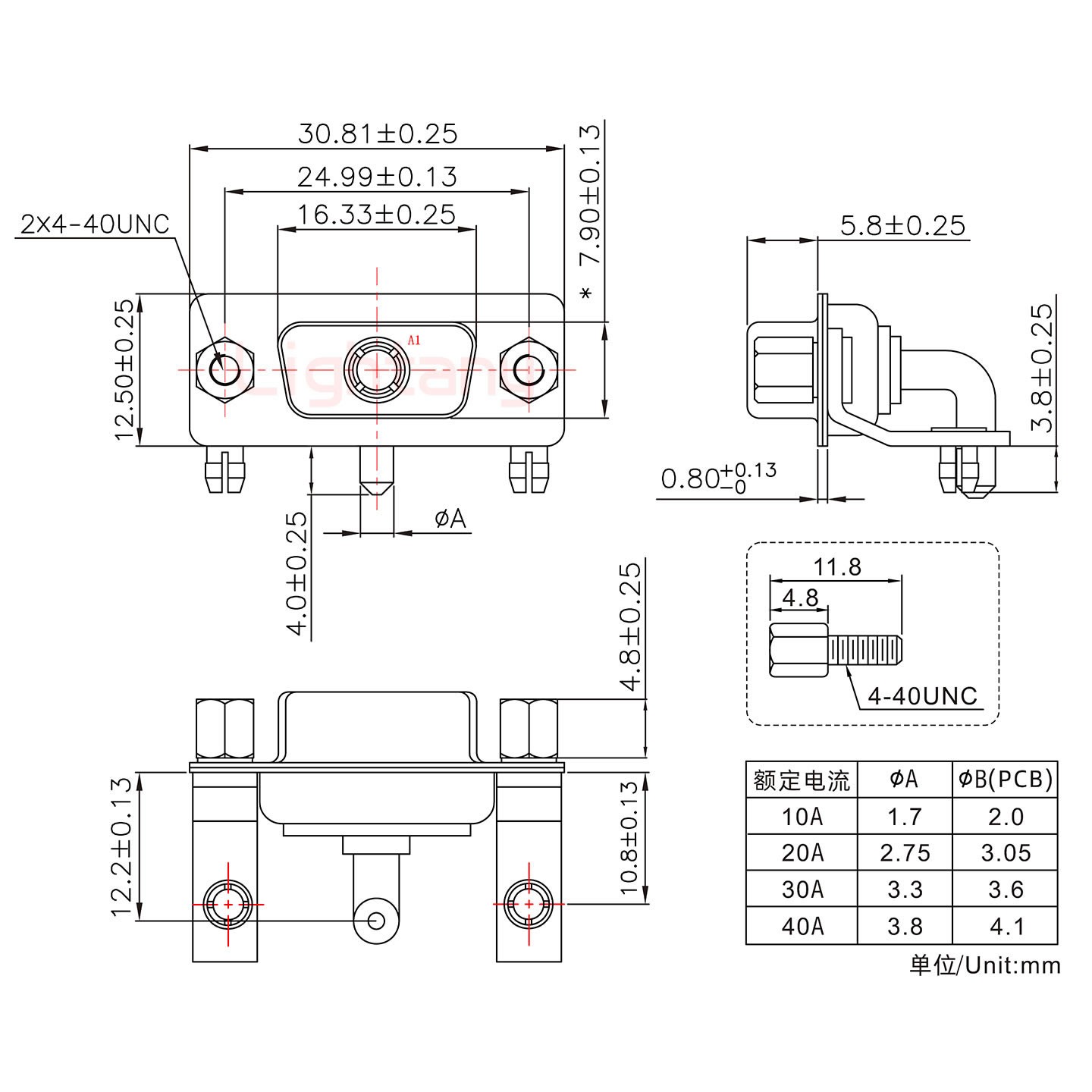 1W1母PCB彎插板/鉚支架10.8/大電流40A