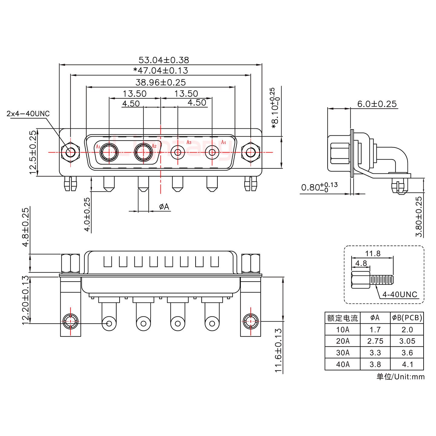 4V4公PCB彎插板/鉚支架11.6/大電流20A