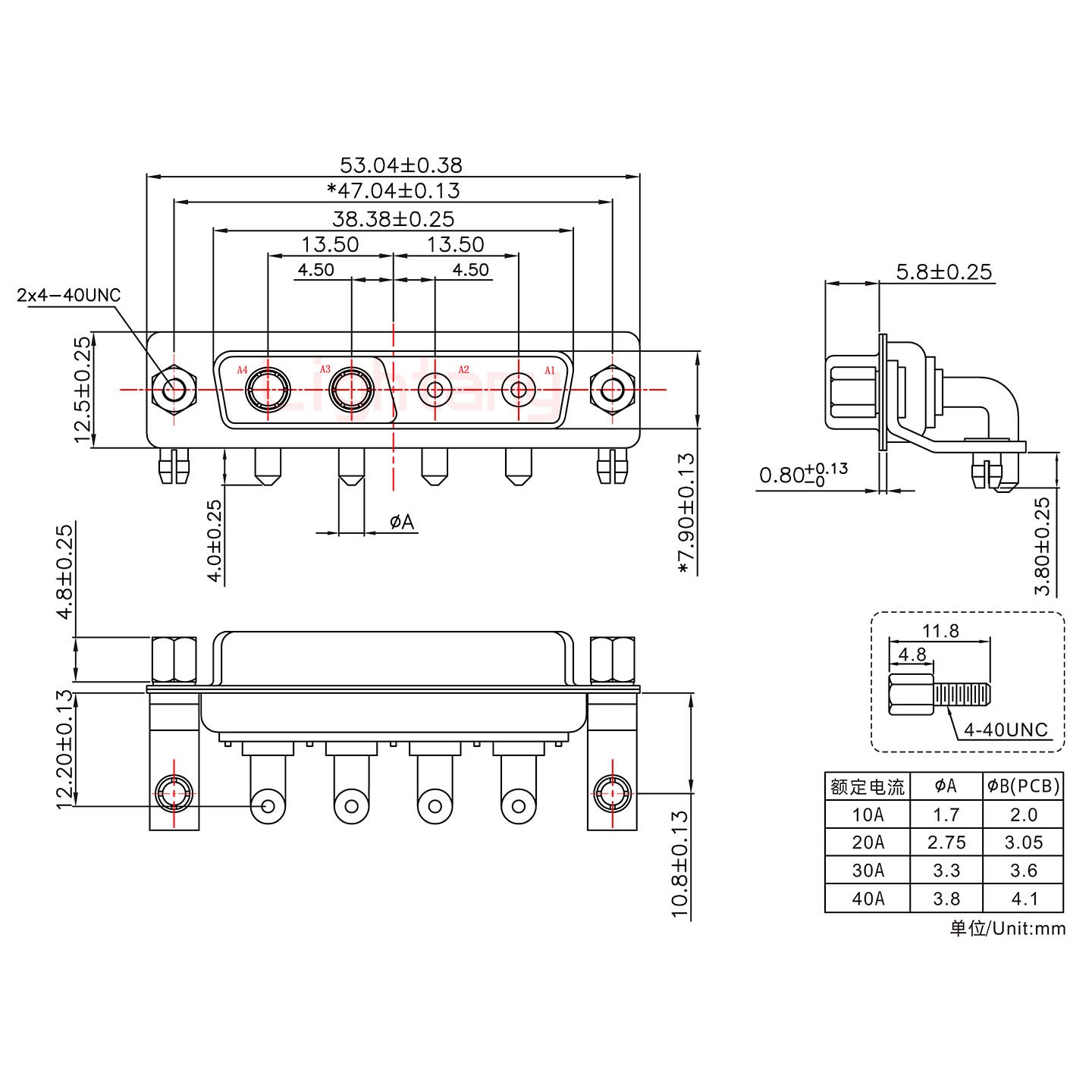 4V4公PCB彎插板/鉚支架10.8/大電流30A