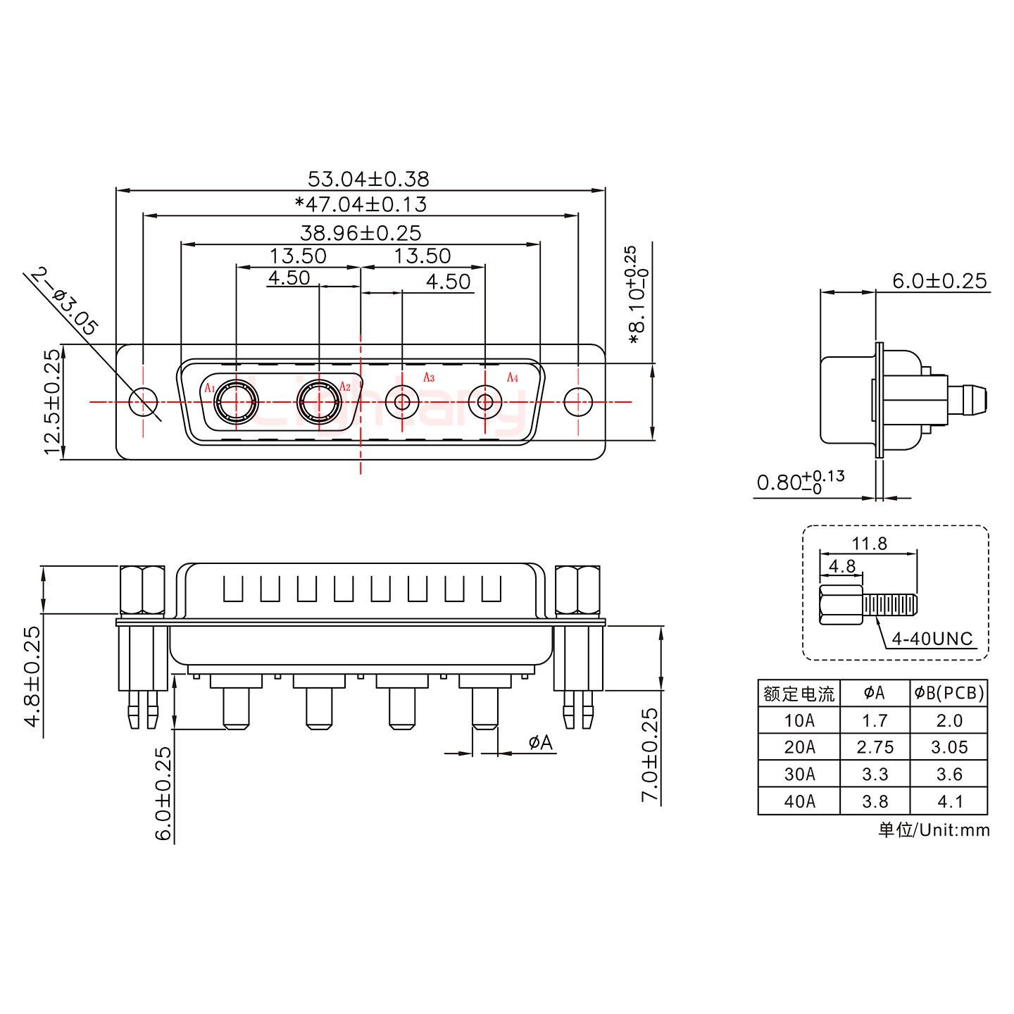 4V4公PCB直插板/鉚支架7.0/大電流40A