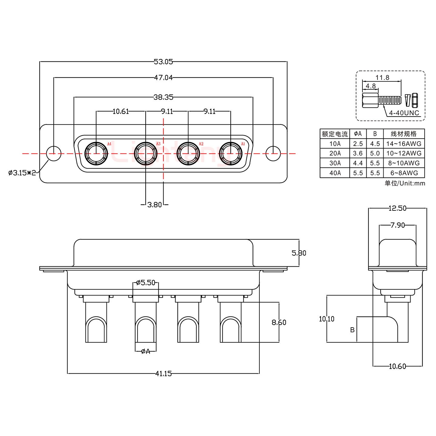 4W4母長體焊線/螺絲螺母/大電流20A