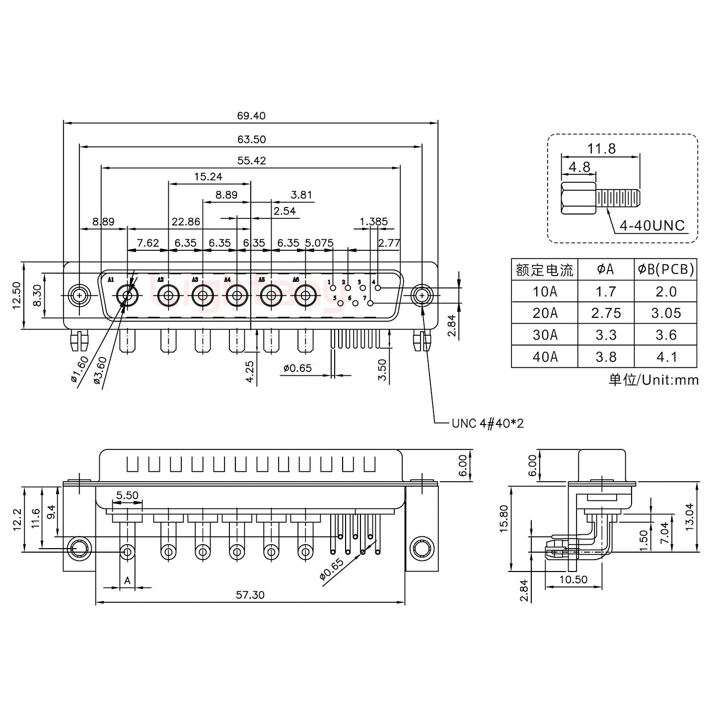 13W6B公PCB彎插板/鉚支架11.6/大電流20A