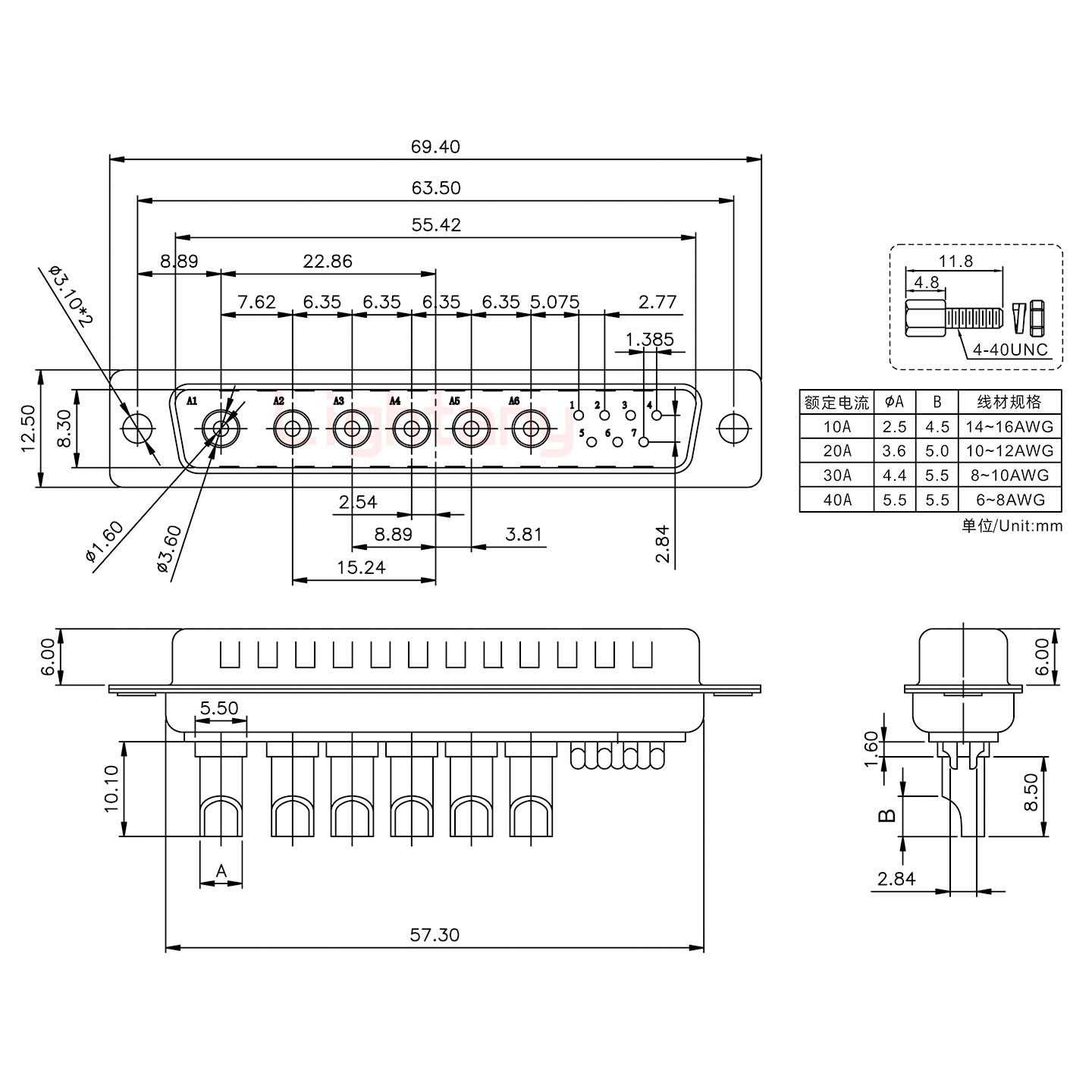 13W6B公長體焊線/配螺絲螺母/大電流40A